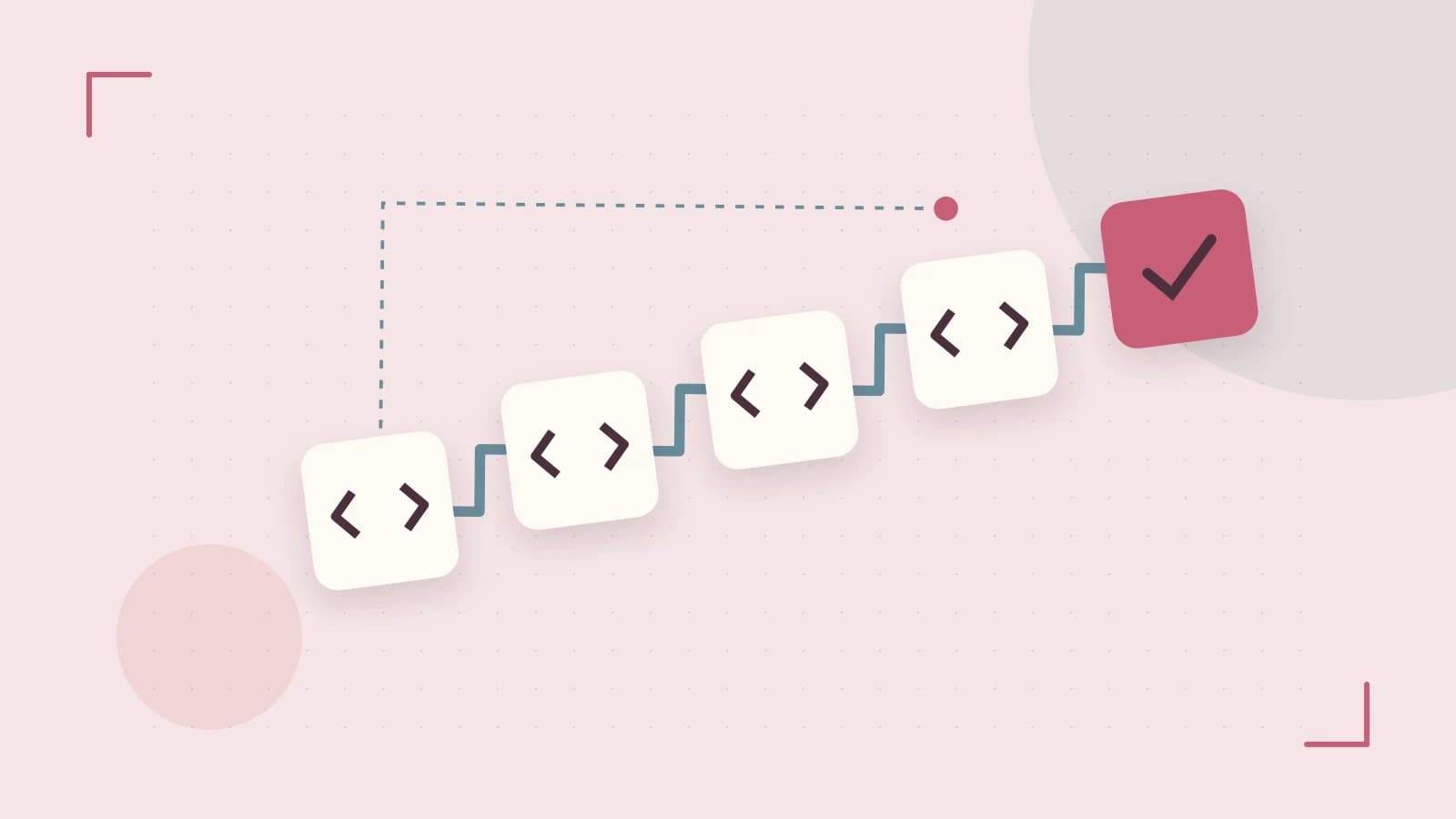Editorial illustration of a branching build pipeline, staged transformations and a completed check