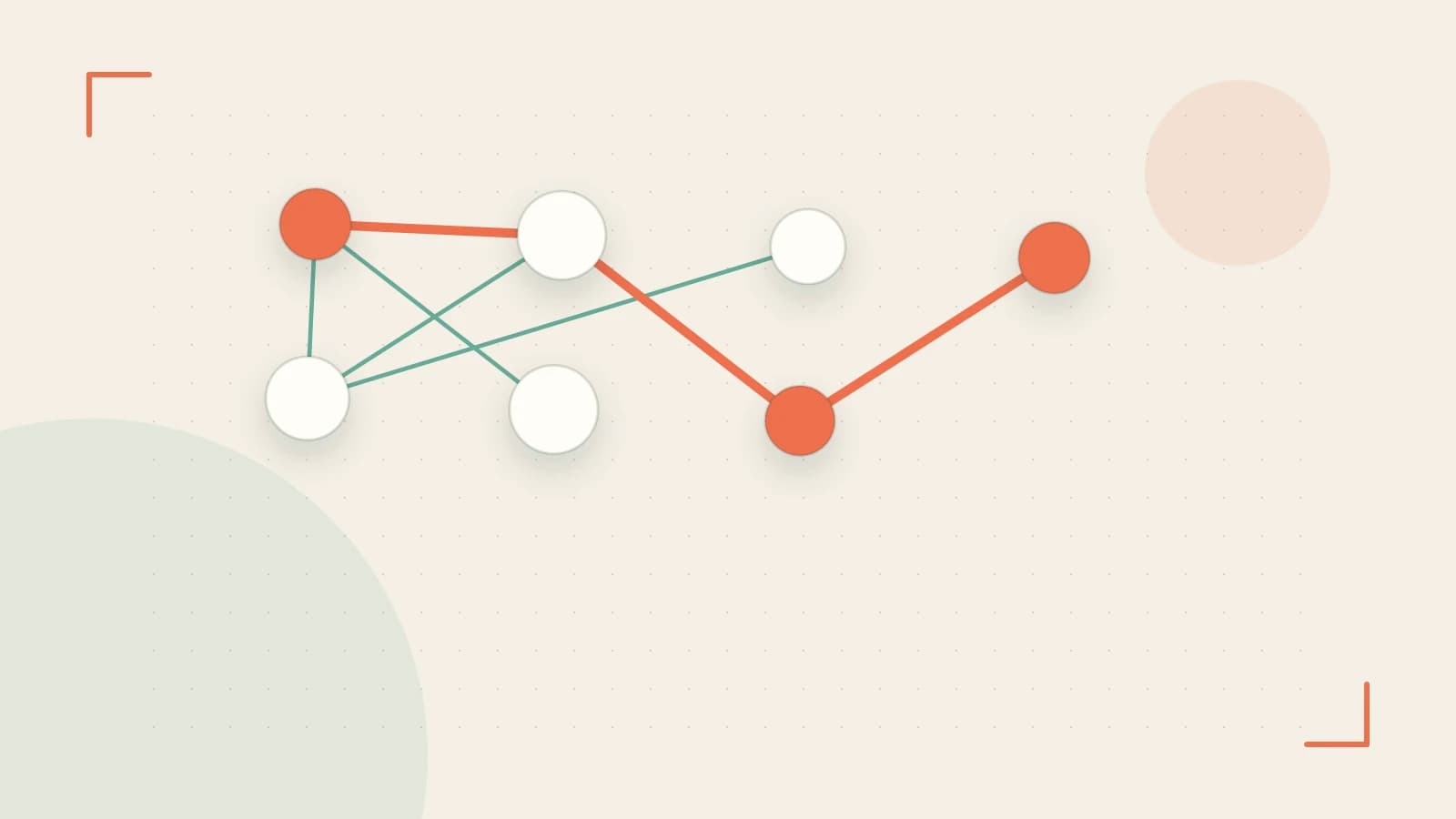 Editorial illustration of an algorithmic node graph with branching paths and a highlighted result