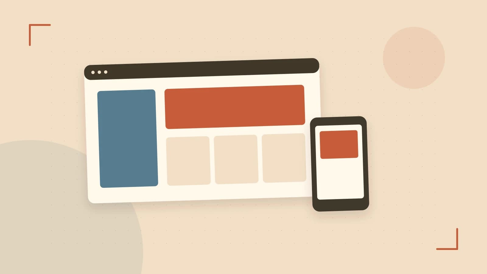 Editorial illustration of responsive browser layouts, overlapping design components and a color system