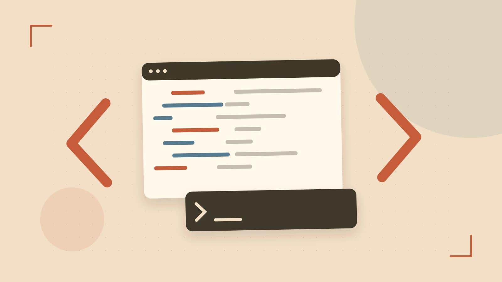 Editorial illustration of an abstract code editor, syntax blocks and oversized programming brackets