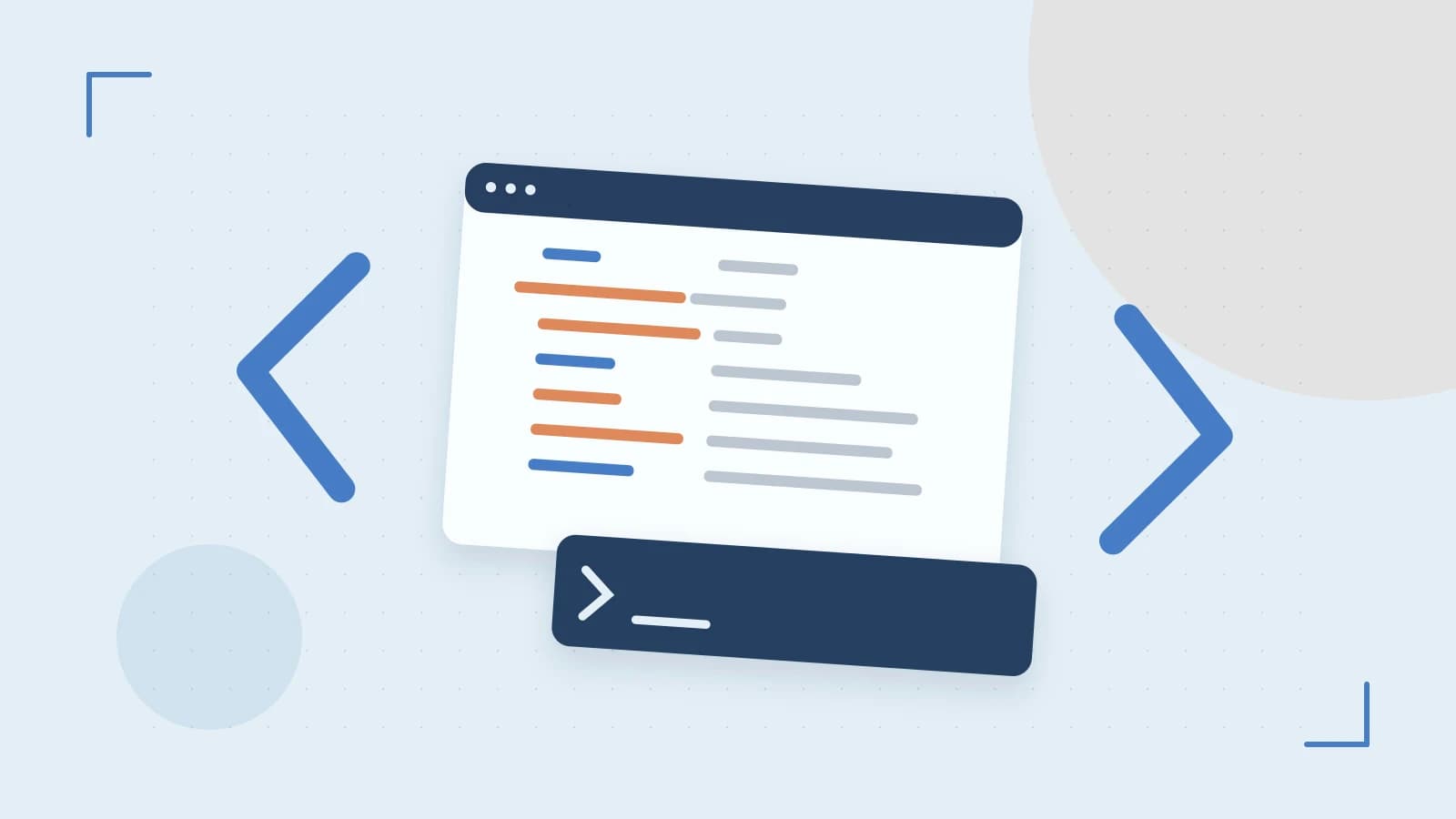 Editorial illustration of an abstract code editor, syntax blocks and oversized programming brackets