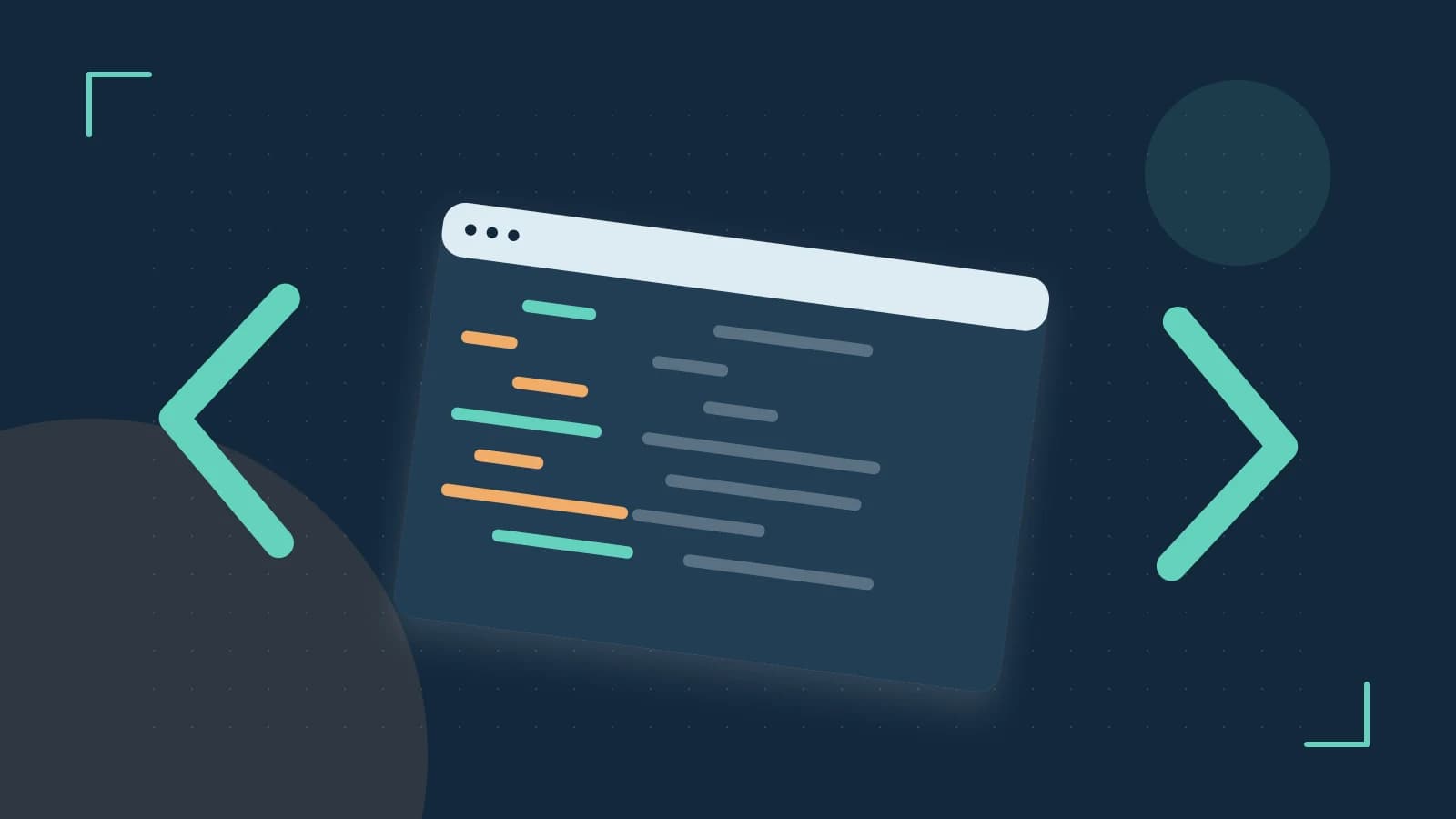 Editorial illustration of an abstract code editor, syntax blocks and oversized programming brackets