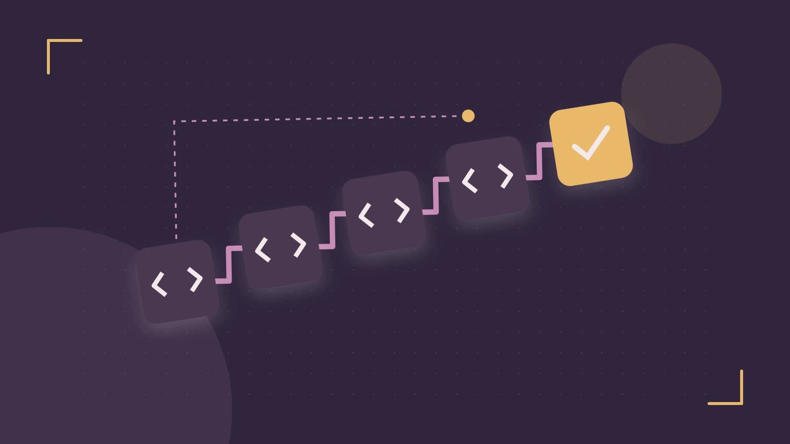 Editorial illustration of a branching build pipeline, staged transformations and a completed check