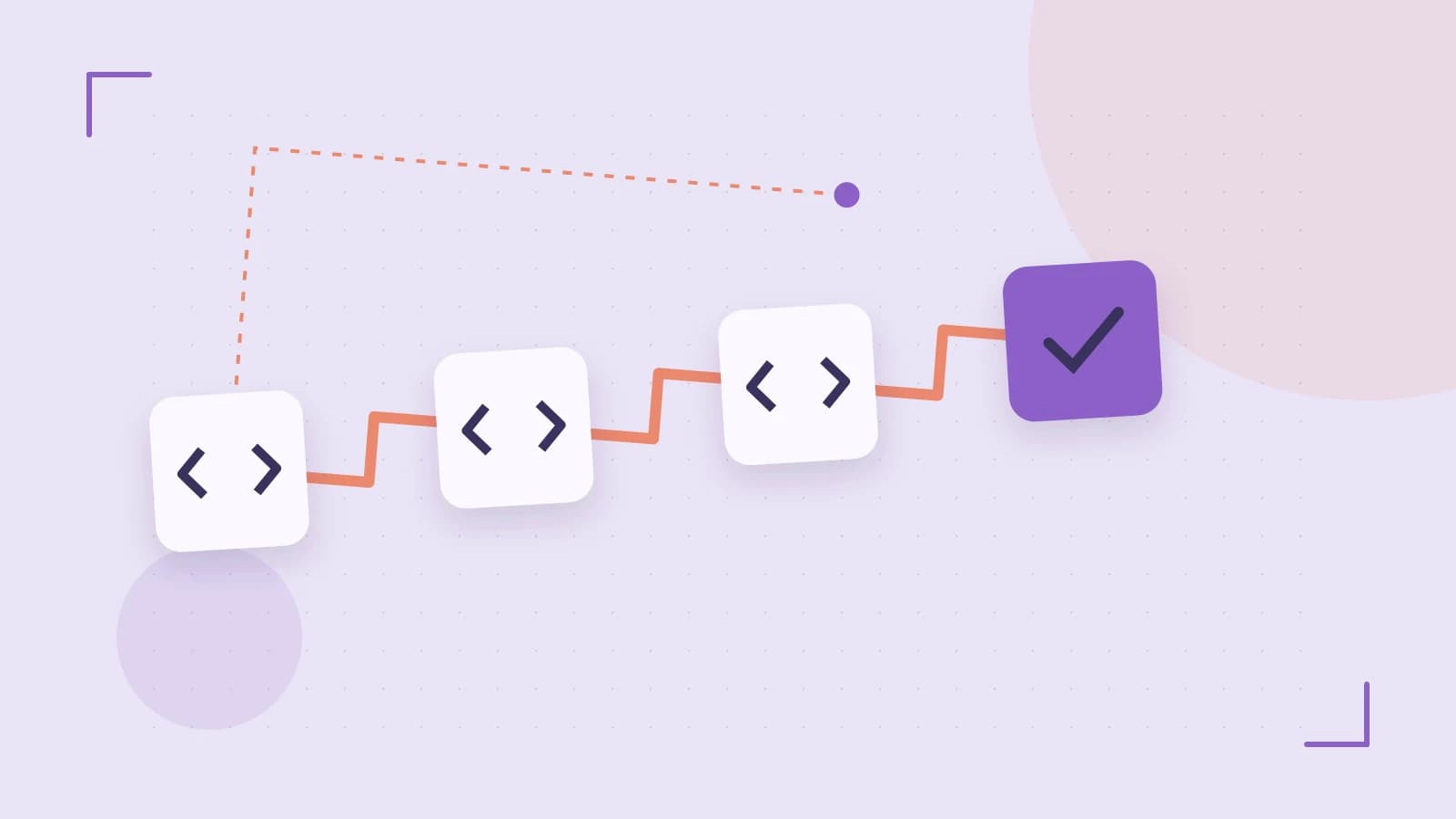 Editorial illustration of a branching build pipeline, staged transformations and a completed check