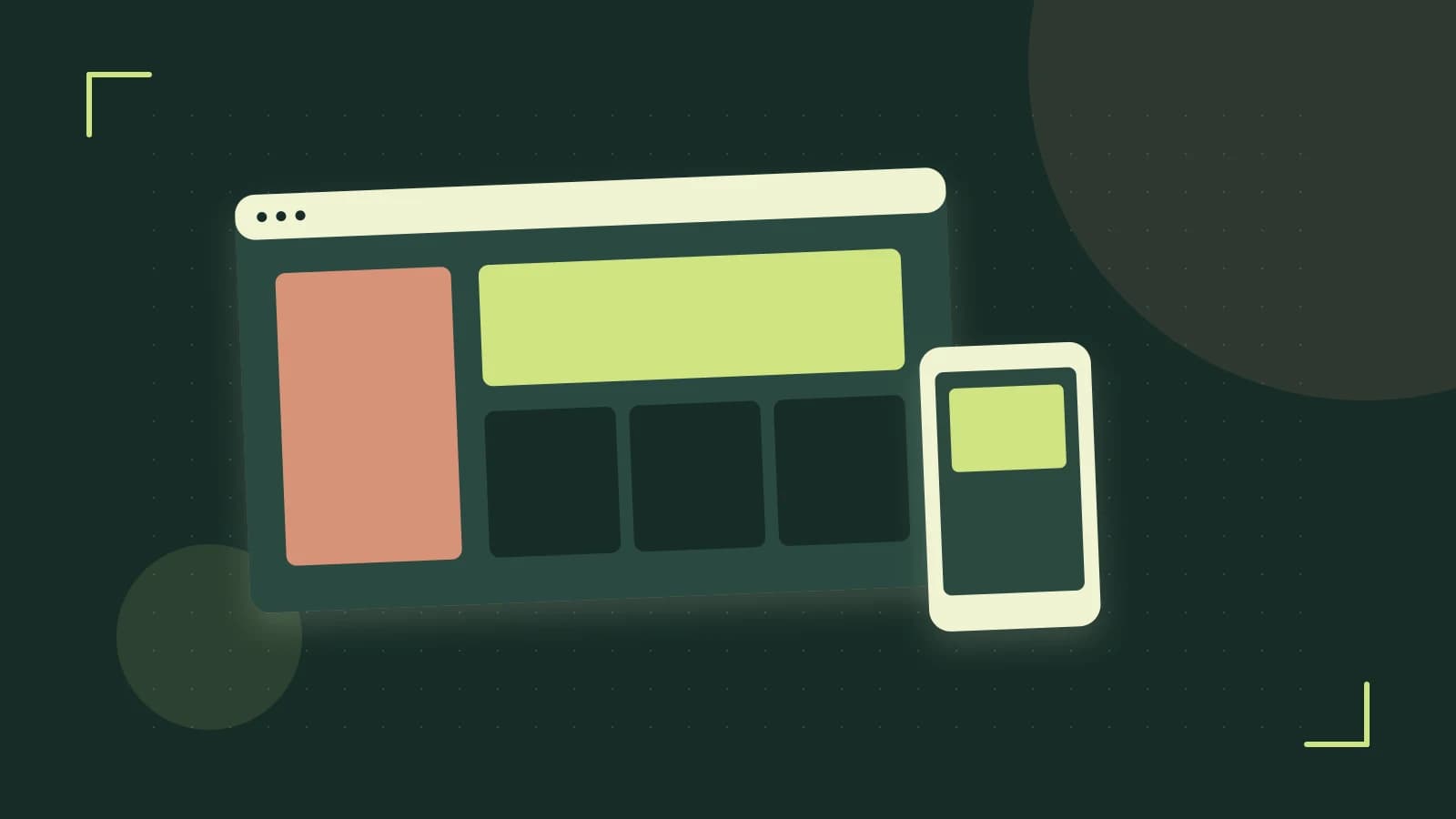 Editorial illustration of responsive browser layouts, overlapping design components and a color system