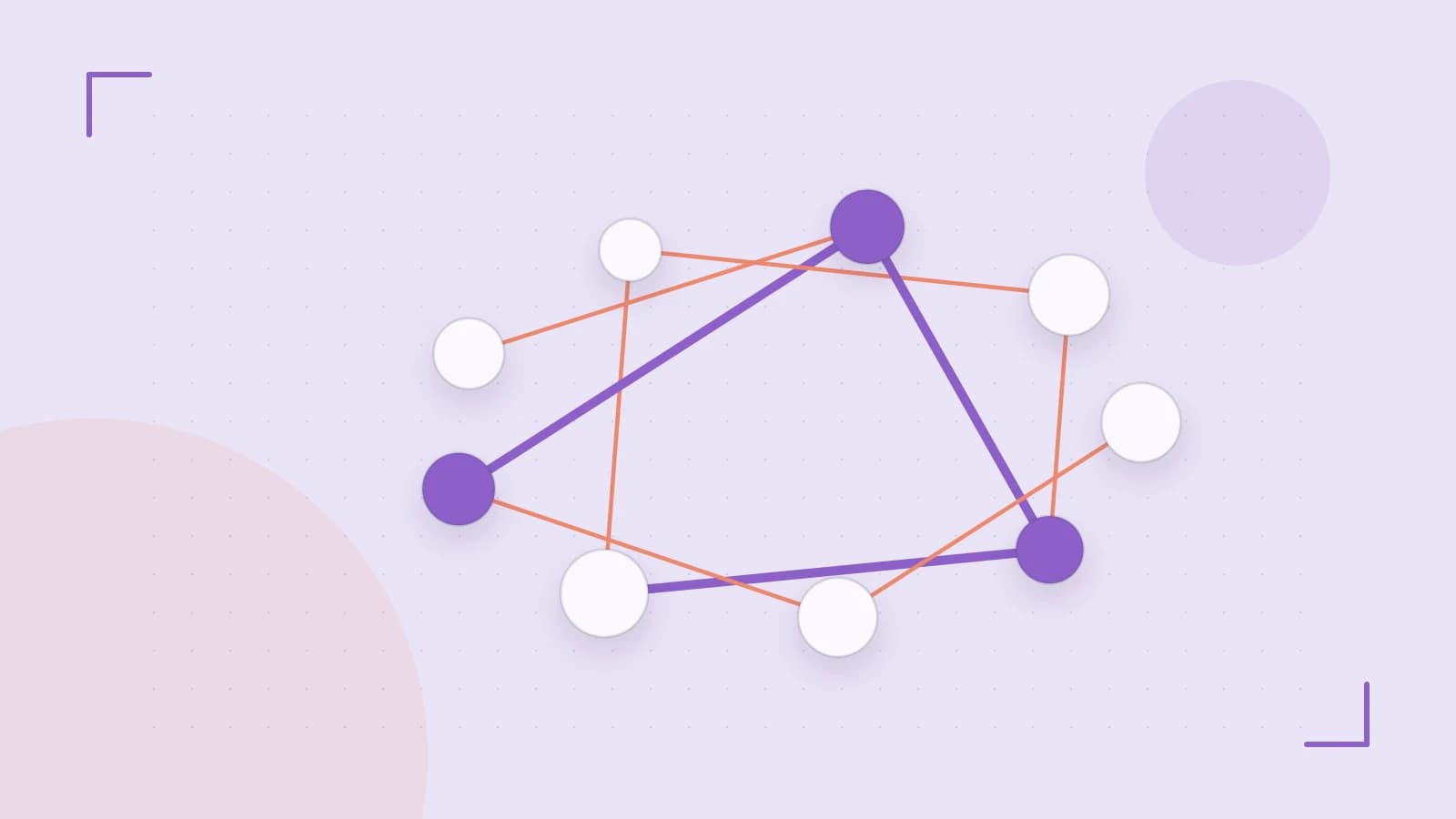 Editorial illustration of an algorithmic node graph with branching paths and a highlighted result