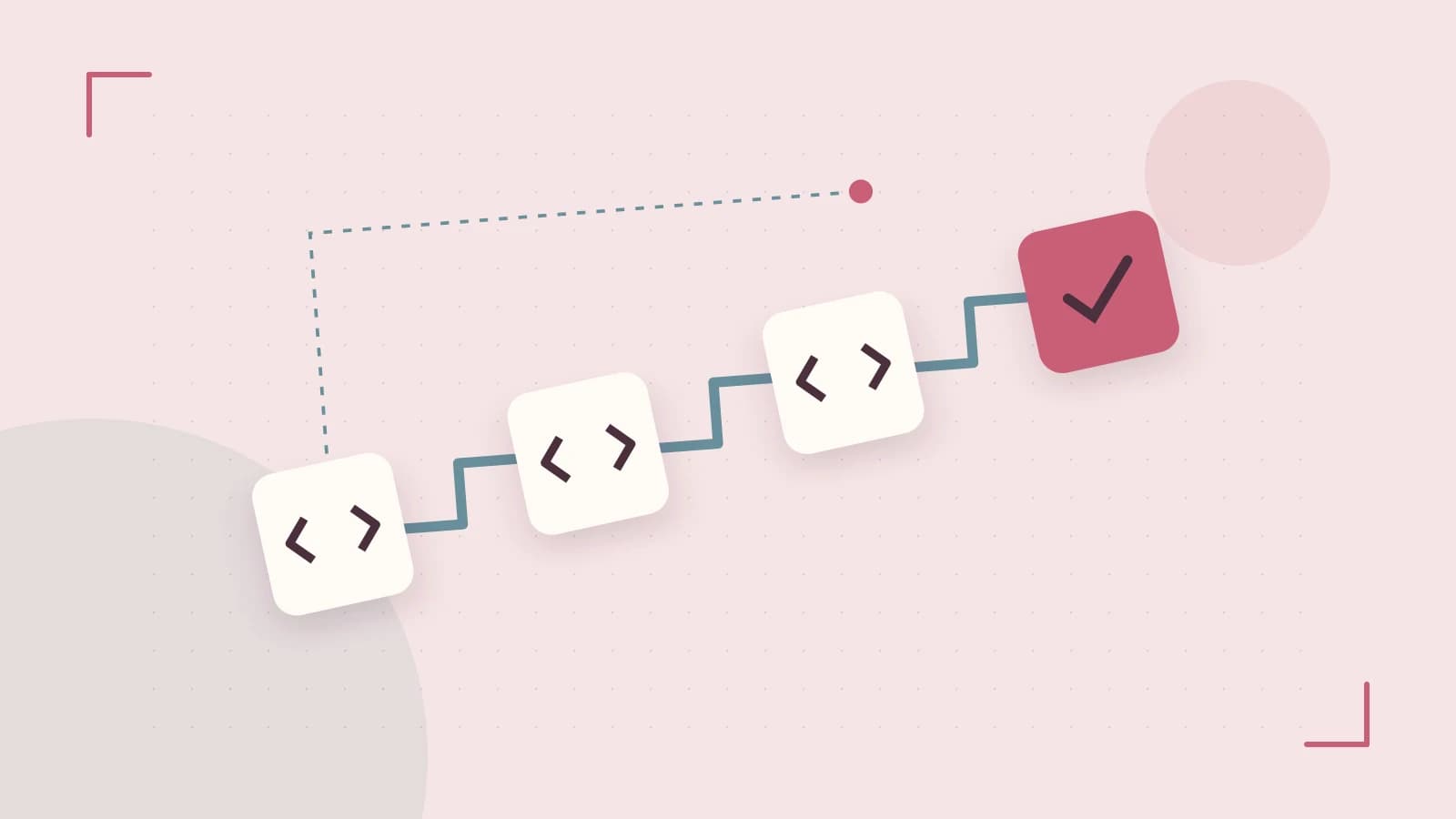 Editorial illustration of a branching build pipeline, staged transformations and a completed check