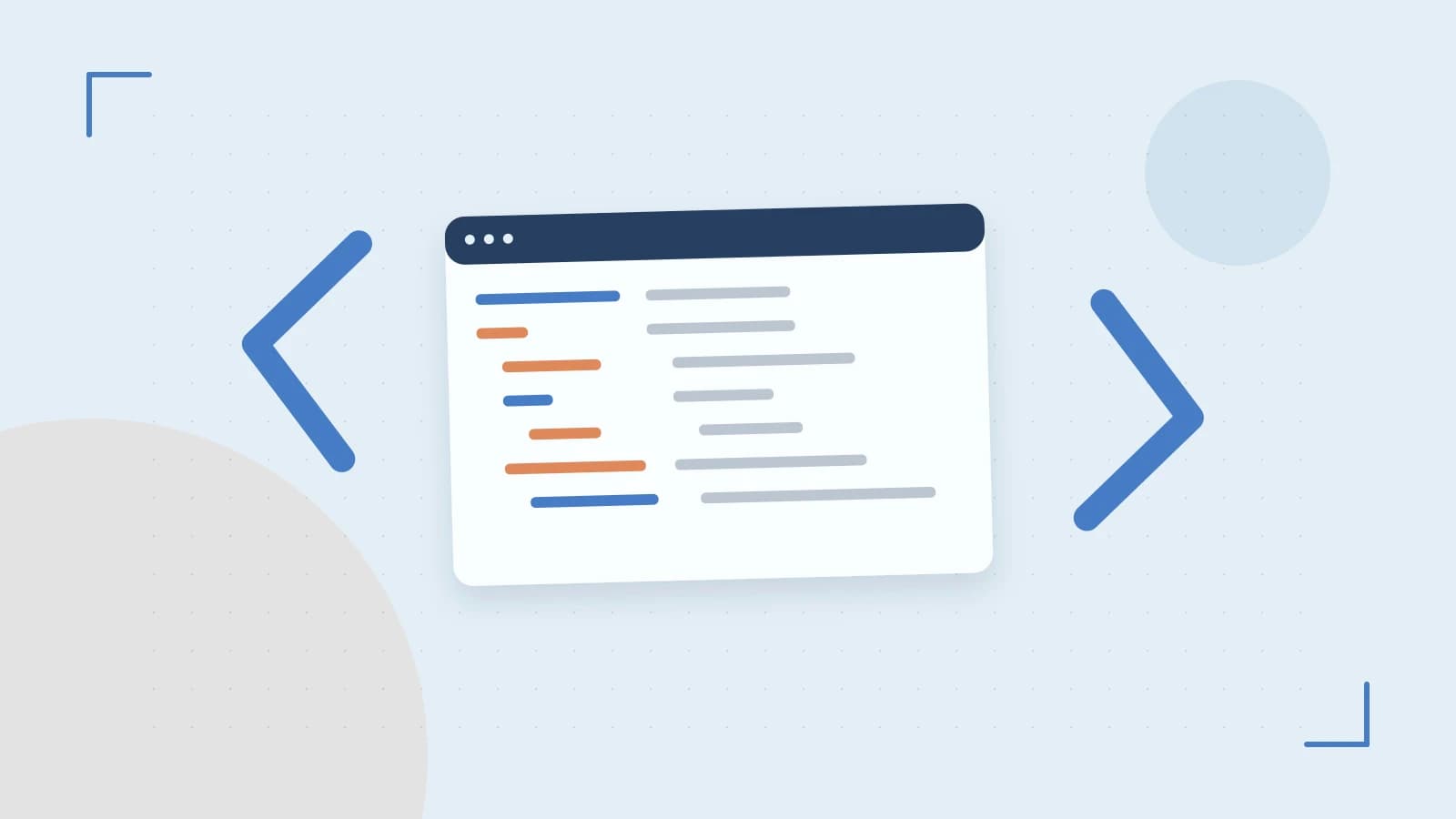 Editorial illustration of an abstract code editor, syntax blocks and oversized programming brackets