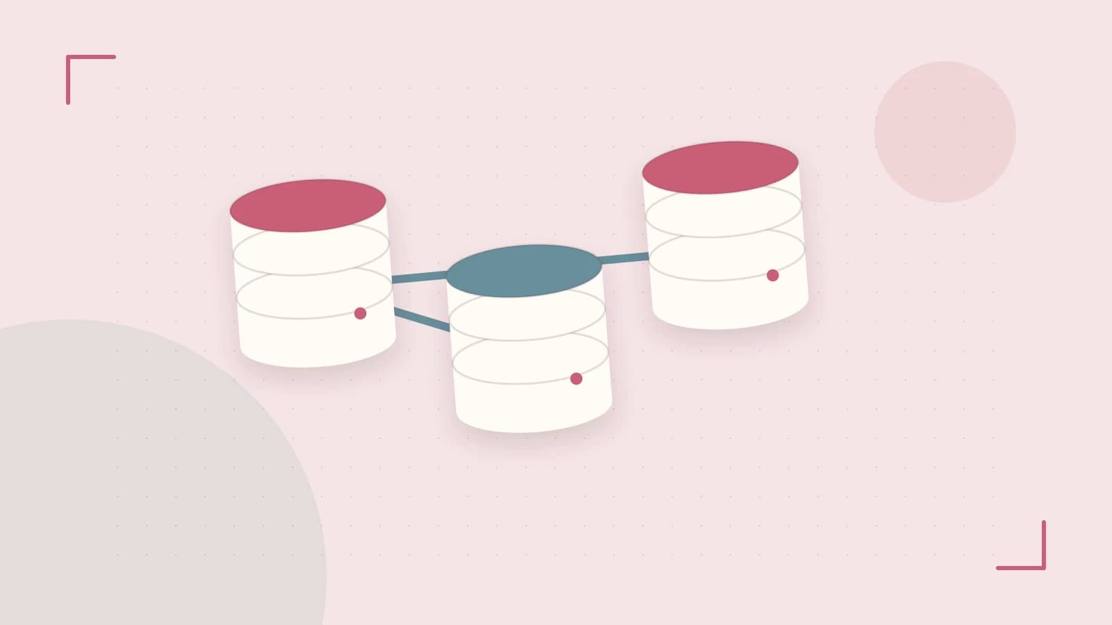 Editorial illustration of structured records, database cylinders and relationships between tables