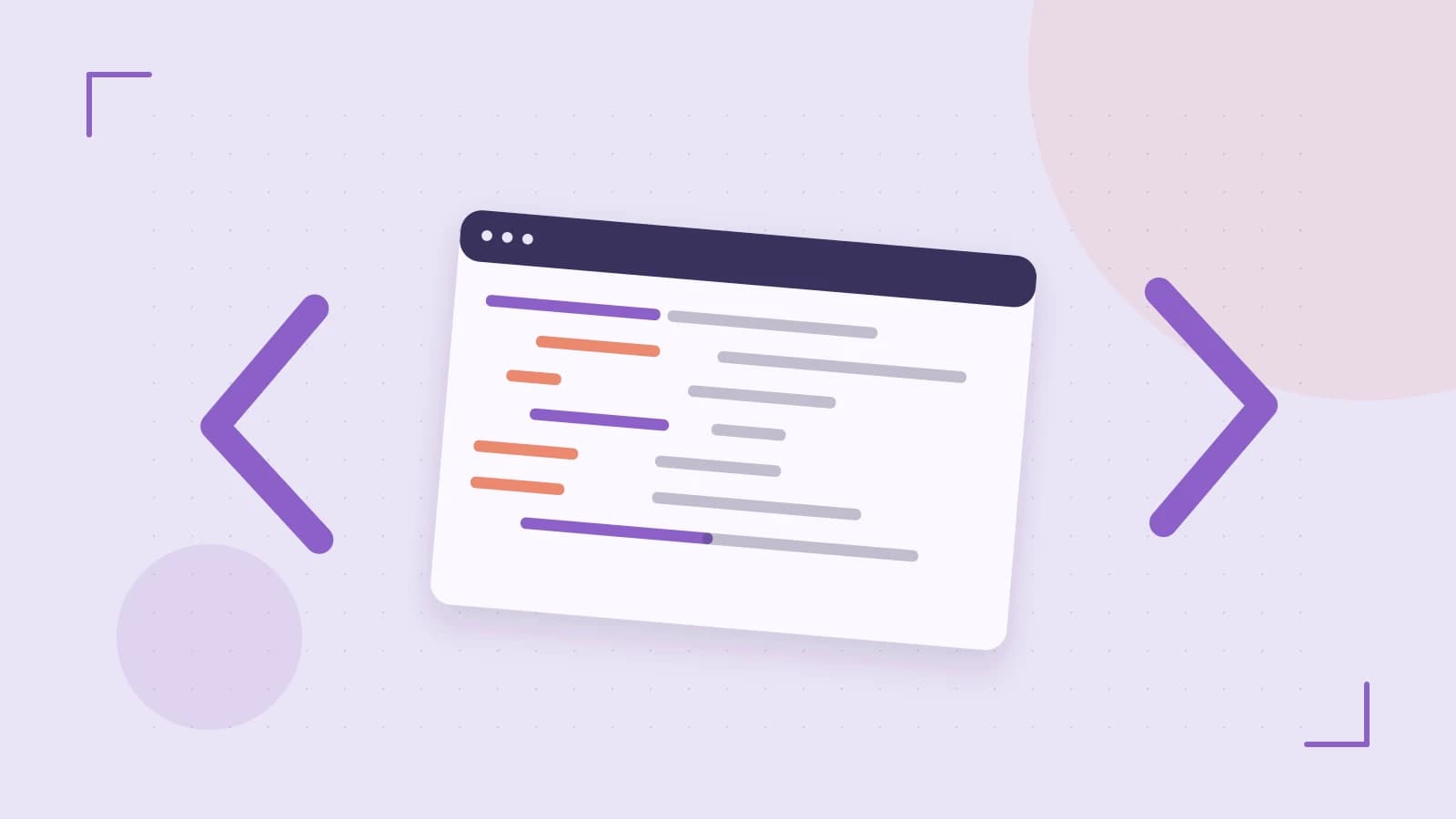 Editorial illustration of an abstract code editor, syntax blocks and oversized programming brackets
