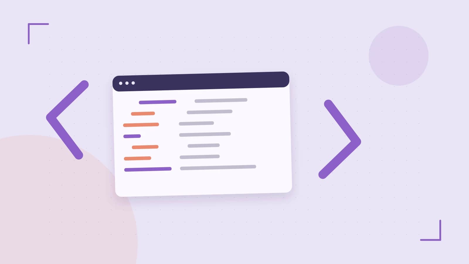 Editorial illustration of an abstract code editor, syntax blocks and oversized programming brackets