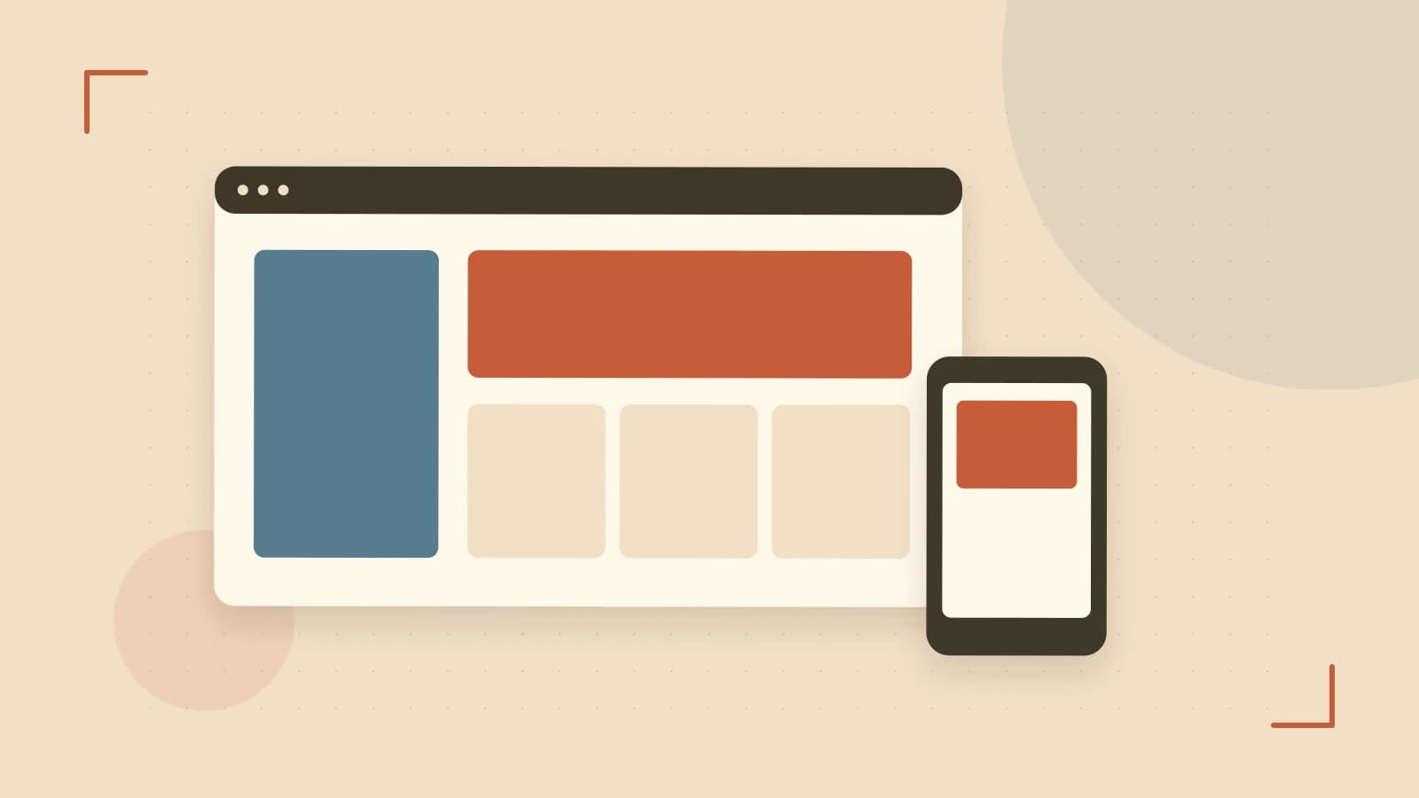 Editorial illustration of responsive browser layouts, overlapping design components and a color system
