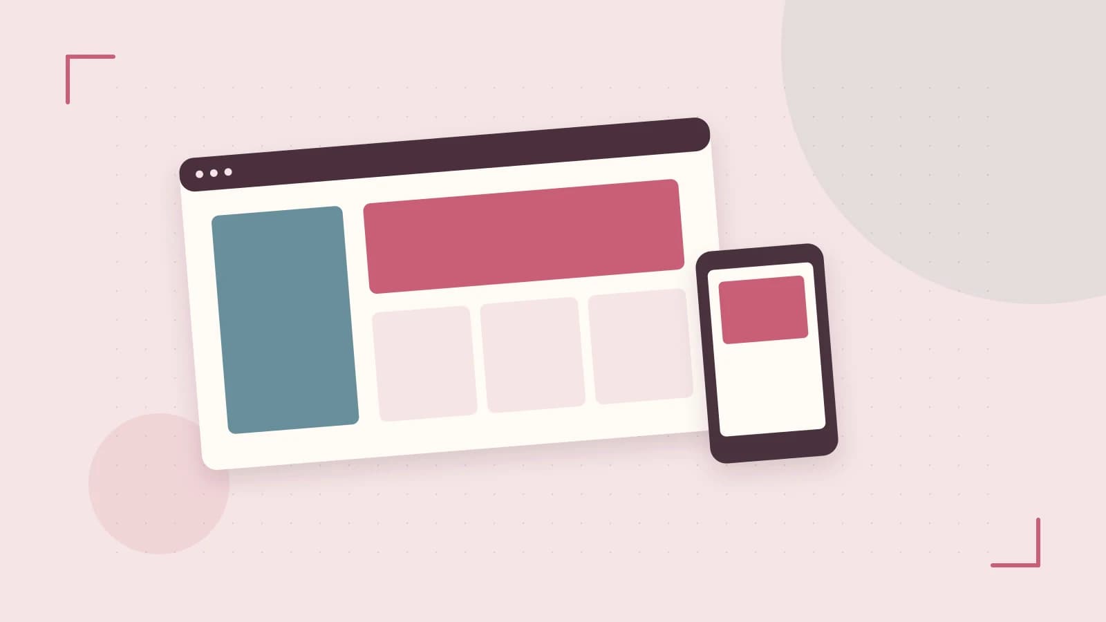 Editorial illustration of responsive browser layouts, overlapping design components and a color system