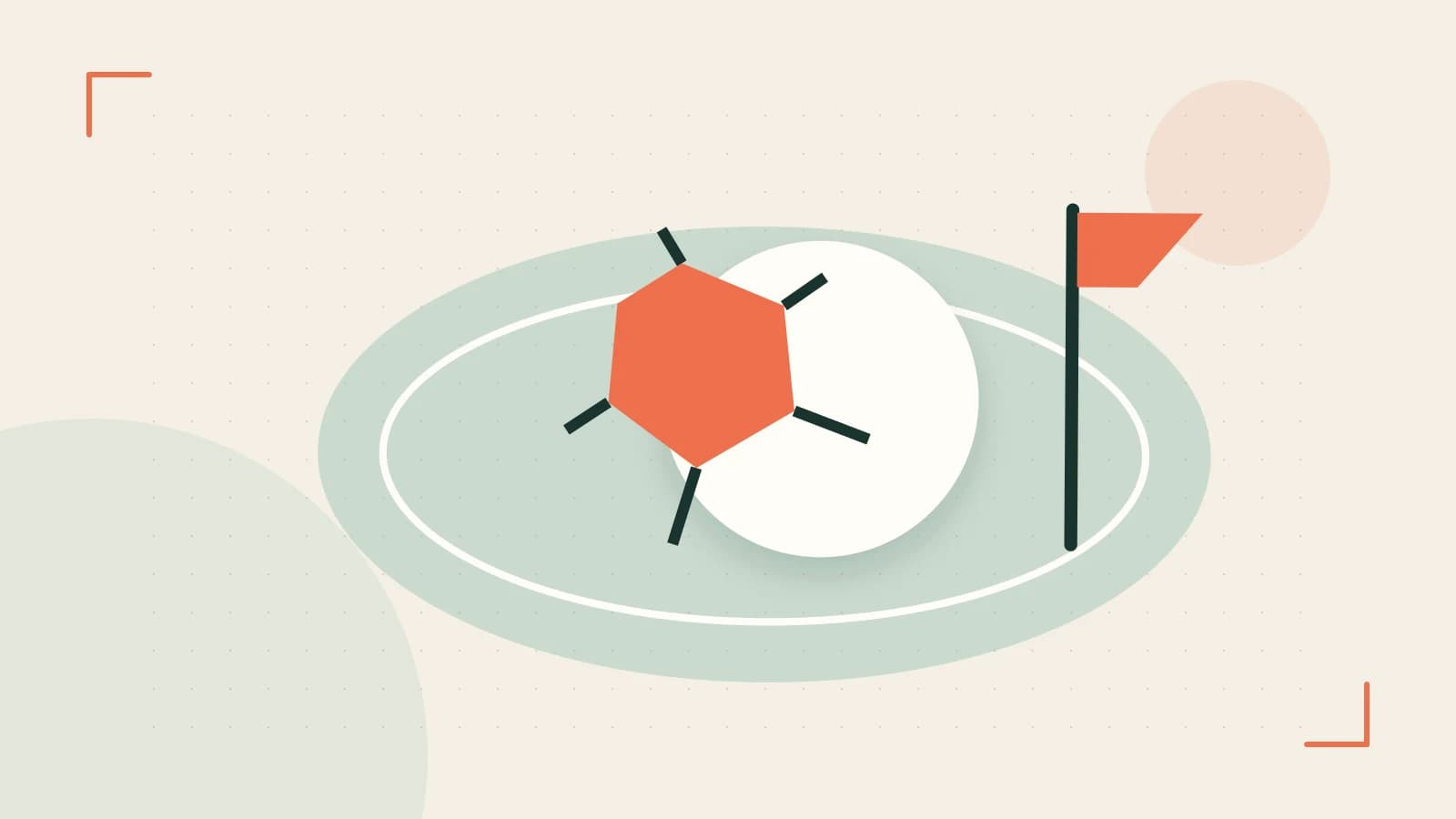 Editorial illustration of a stylized sports ball, stadium geometry and dynamic arcs