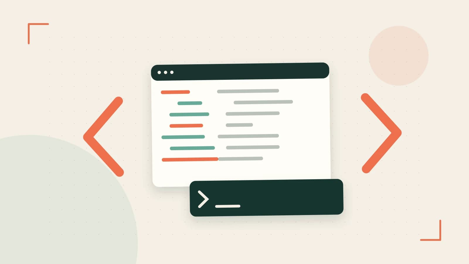 Editorial illustration of an abstract code editor, syntax blocks and oversized programming brackets