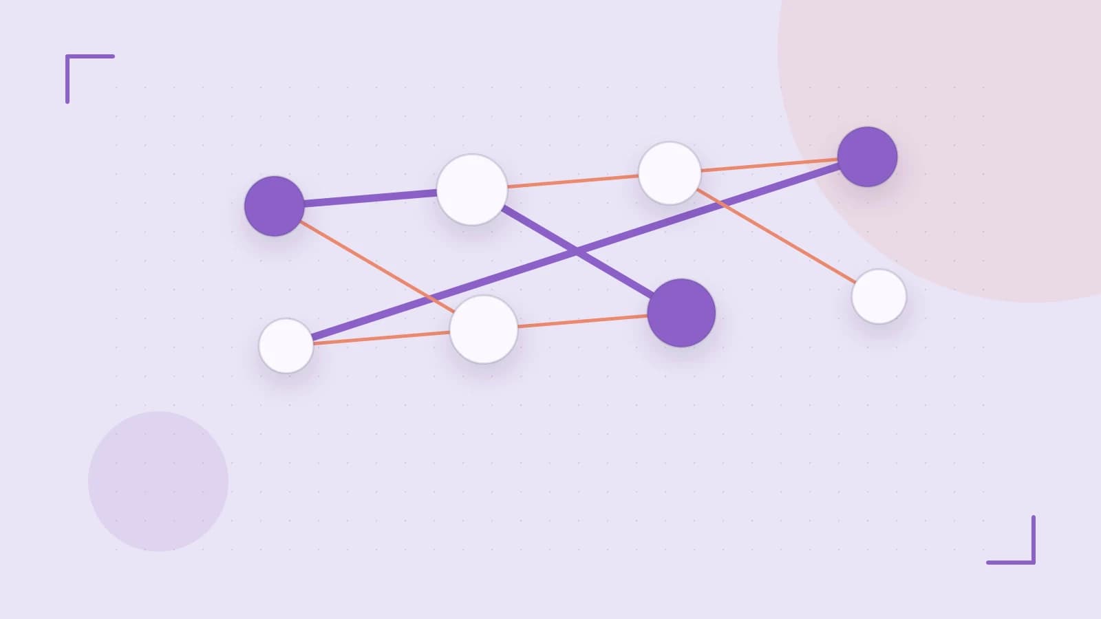 Editorial illustration of an algorithmic node graph with branching paths and a highlighted result
