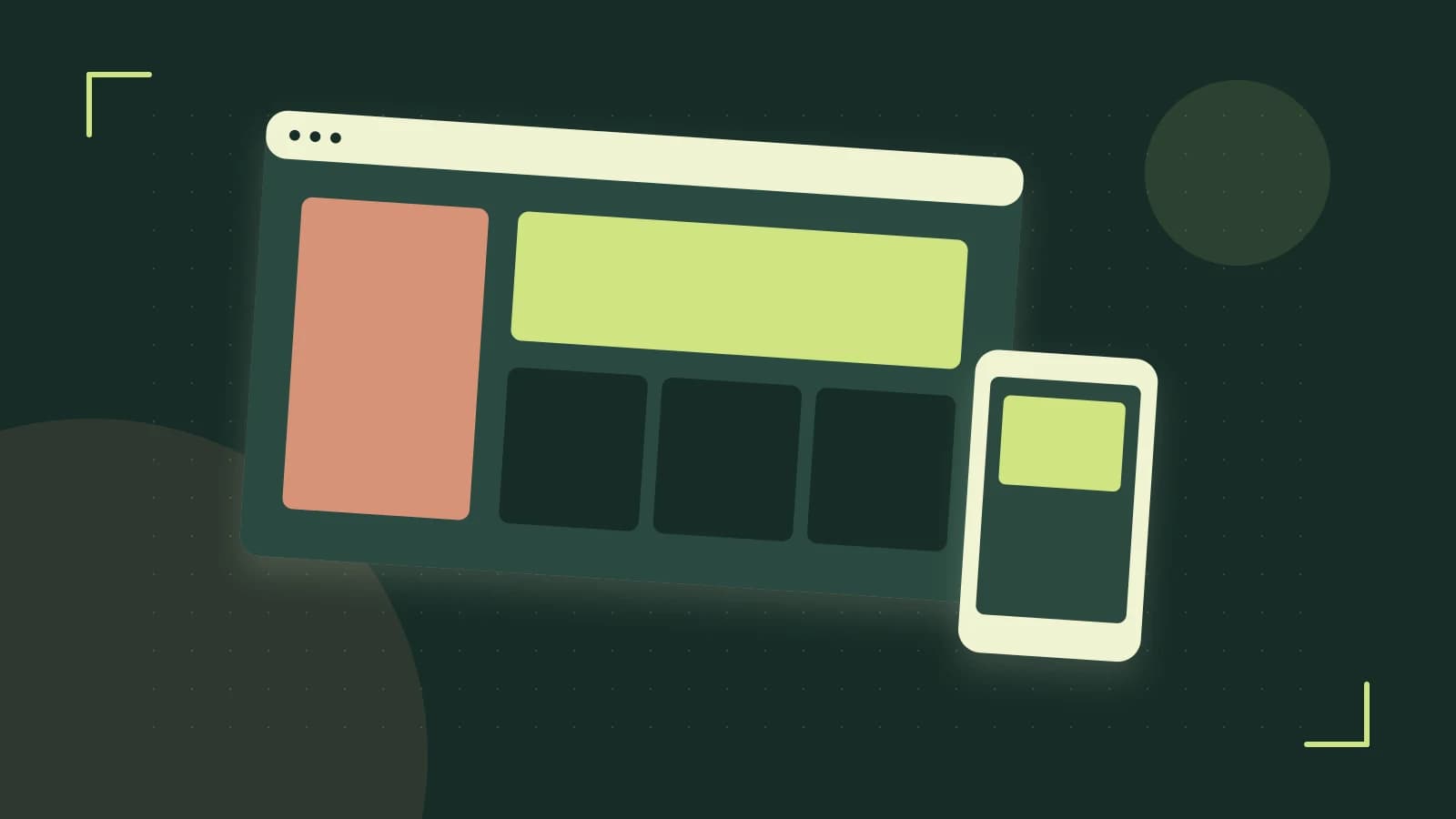 Editorial illustration of responsive browser layouts, overlapping design components and a color system