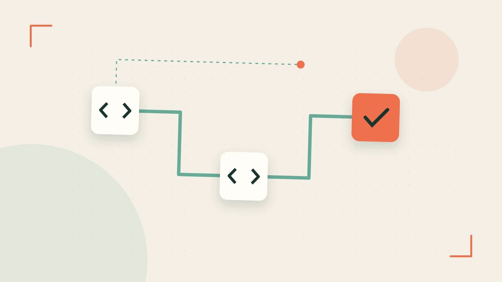 Editorial illustration of a branching build pipeline, staged transformations and a completed check