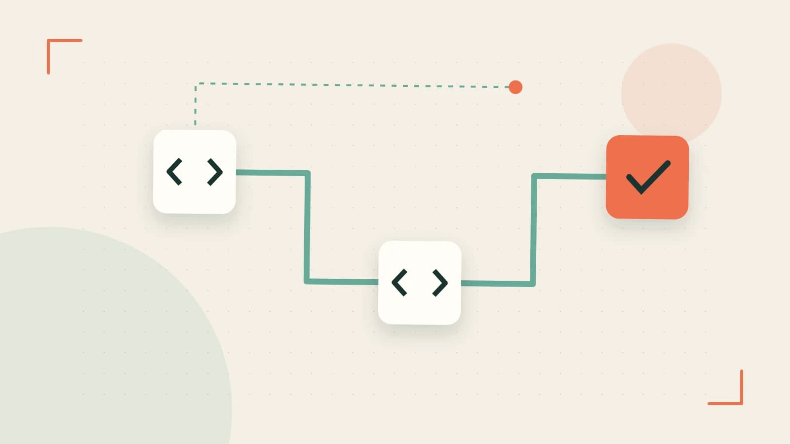 Editorial illustration of a branching build pipeline, staged transformations and a completed check