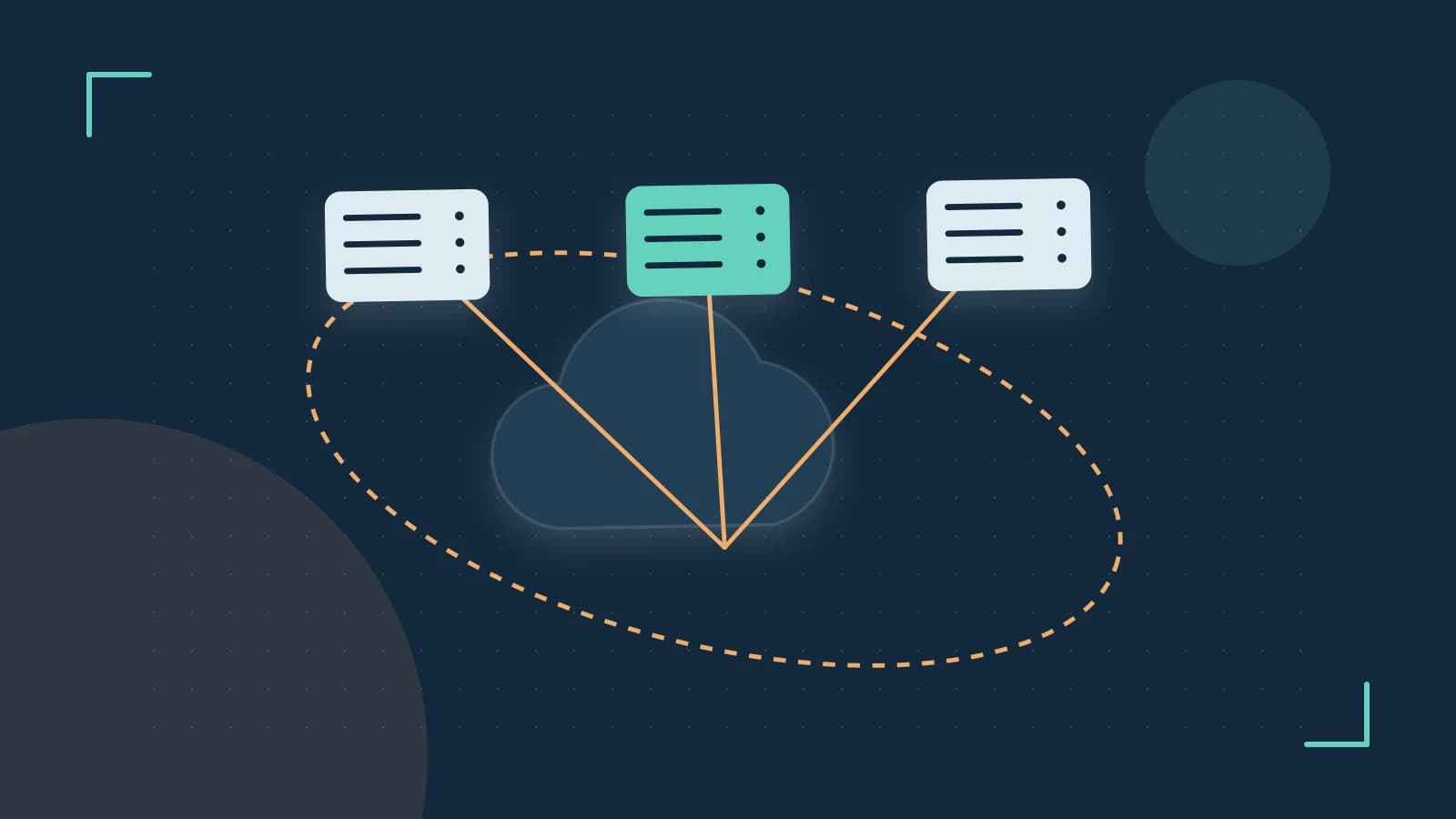 Editorial illustration of cloud infrastructure, connected server racks and an orbital service map