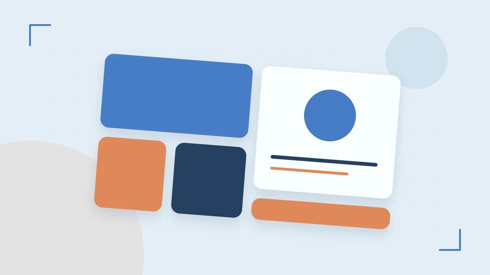 Editorial illustration of responsive browser layouts, overlapping design components and a color system