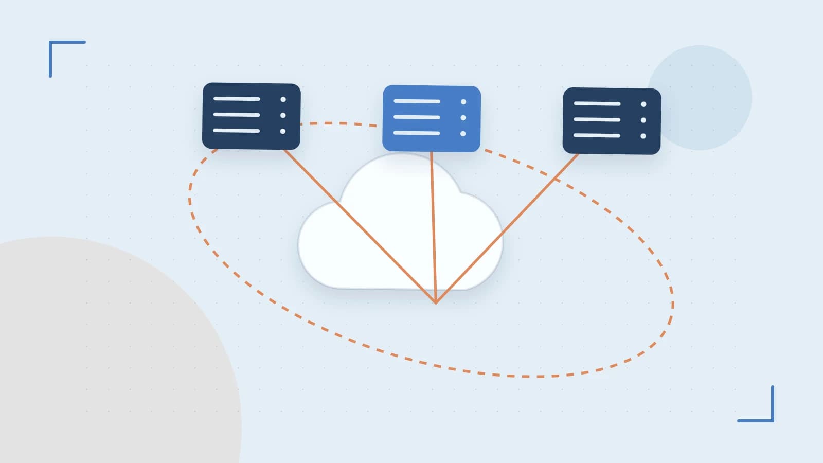 Editorial illustration of cloud infrastructure, connected server racks and an orbital service map