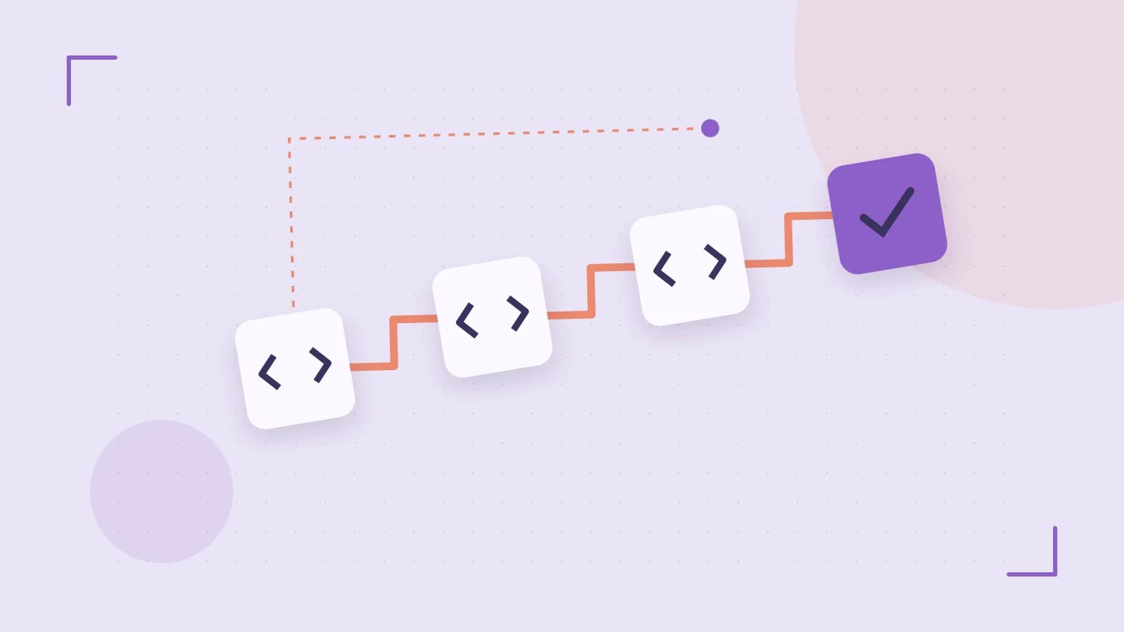Editorial illustration of a branching build pipeline, staged transformations and a completed check