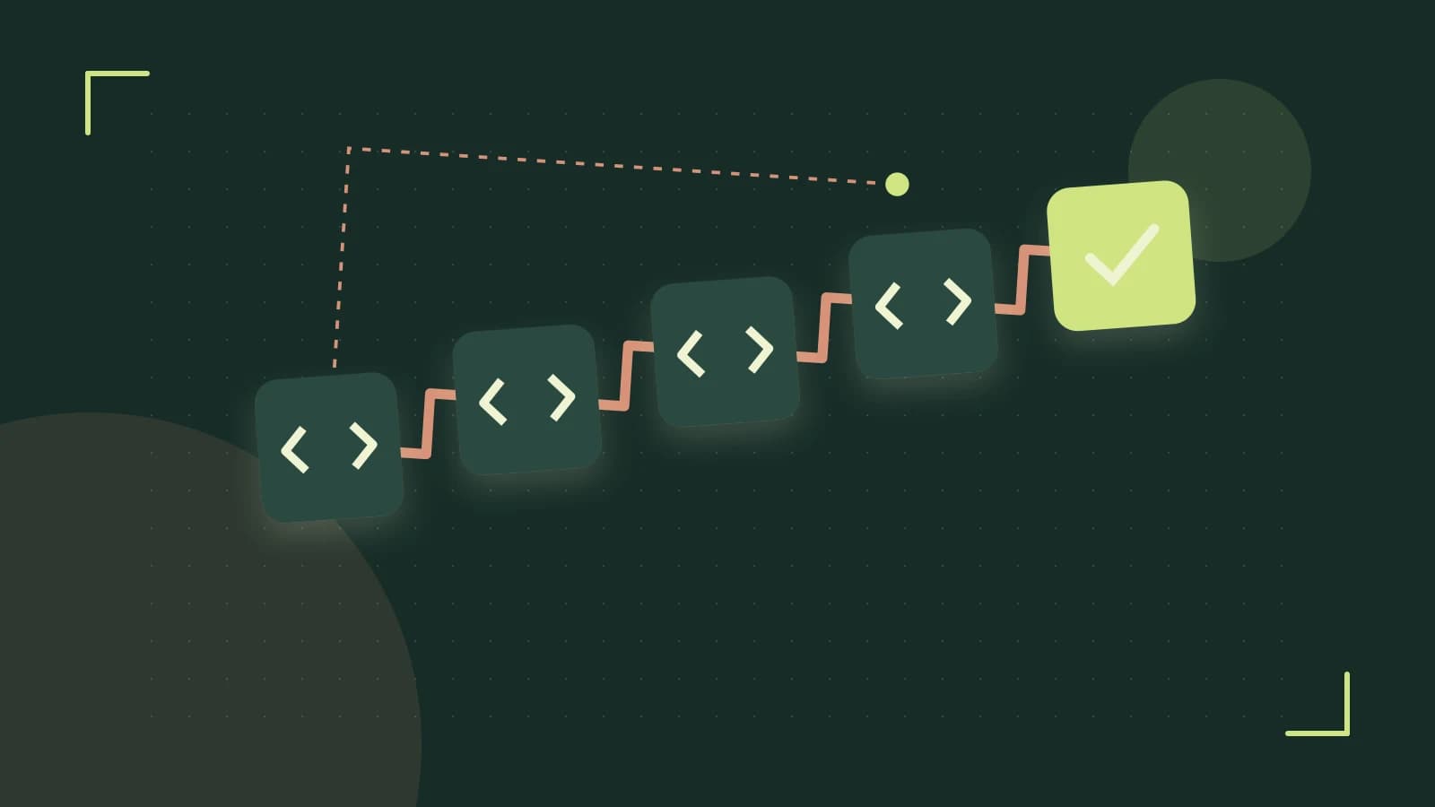 Editorial illustration of a branching build pipeline, staged transformations and a completed check