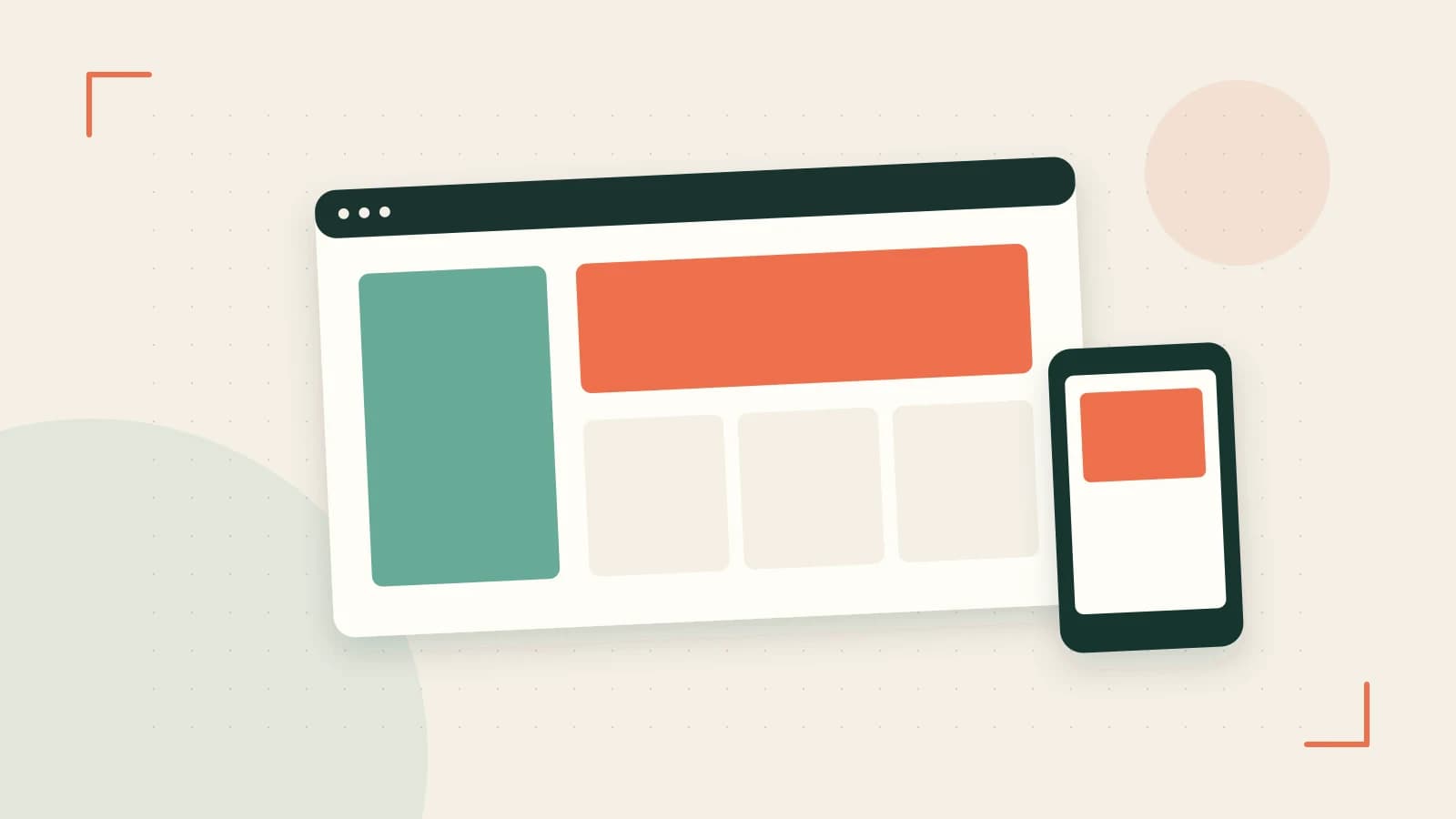 Editorial illustration of responsive browser layouts, overlapping design components and a color system