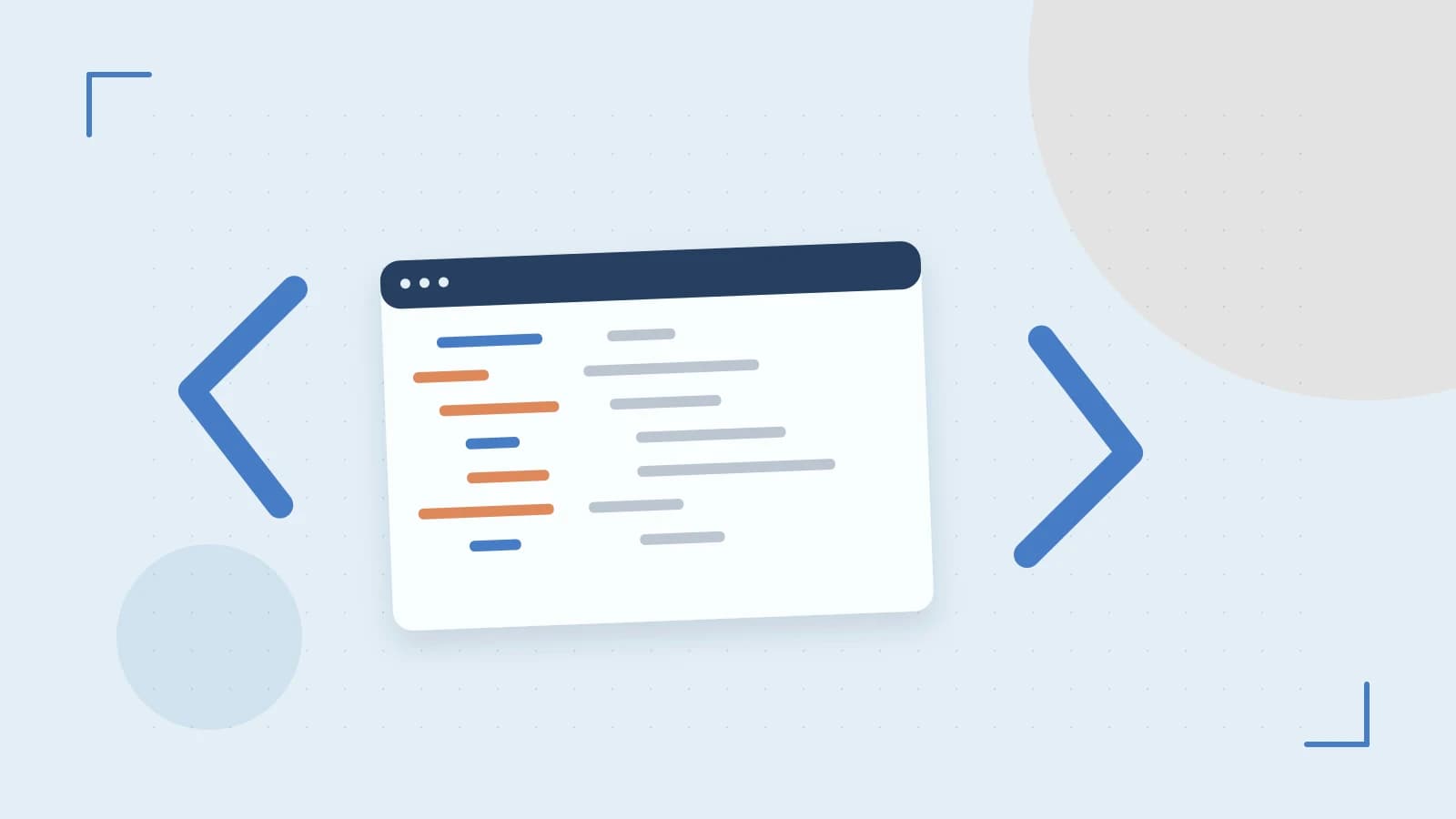 Editorial illustration of an abstract code editor, syntax blocks and oversized programming brackets