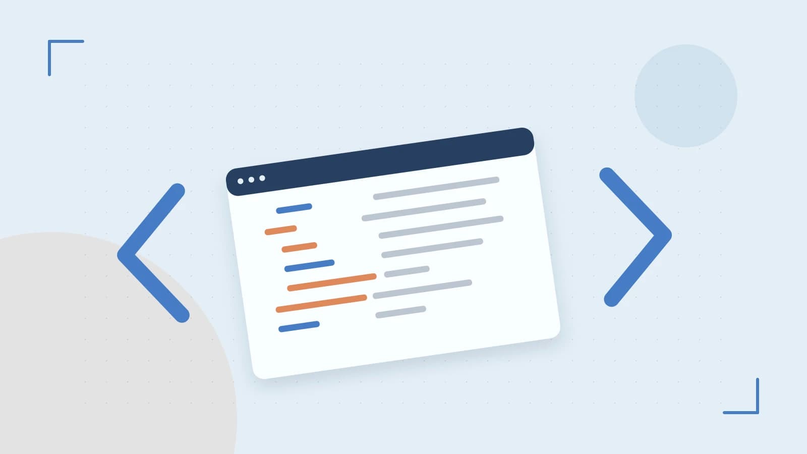 Editorial illustration of an abstract code editor, syntax blocks and oversized programming brackets