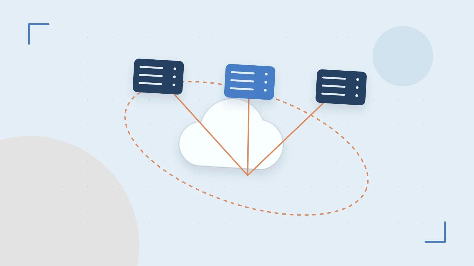 Editorial illustration of cloud infrastructure, connected server racks and an orbital service map