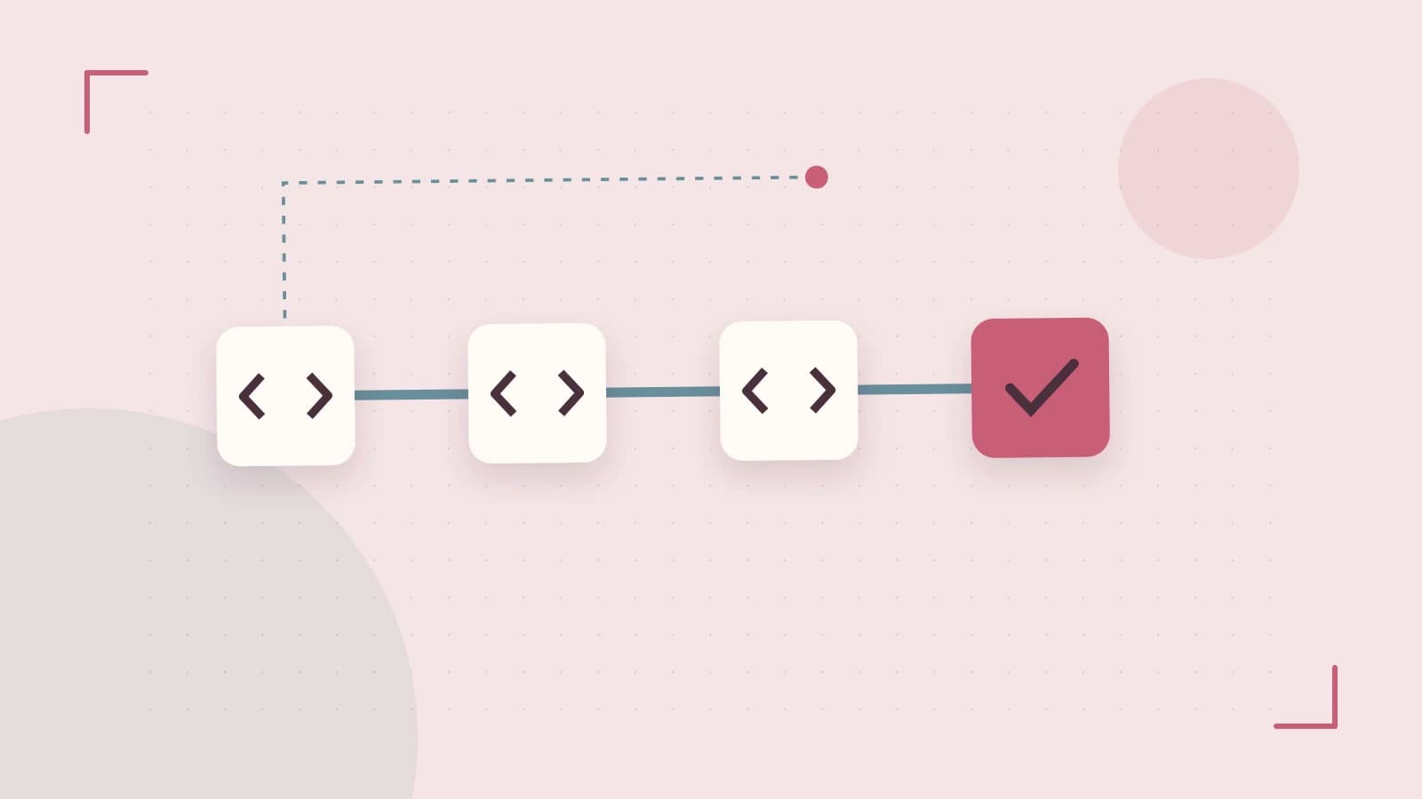 Editorial illustration of a branching build pipeline, staged transformations and a completed check