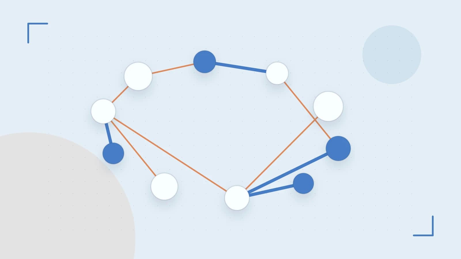 Editorial illustration of an algorithmic node graph with branching paths and a highlighted result