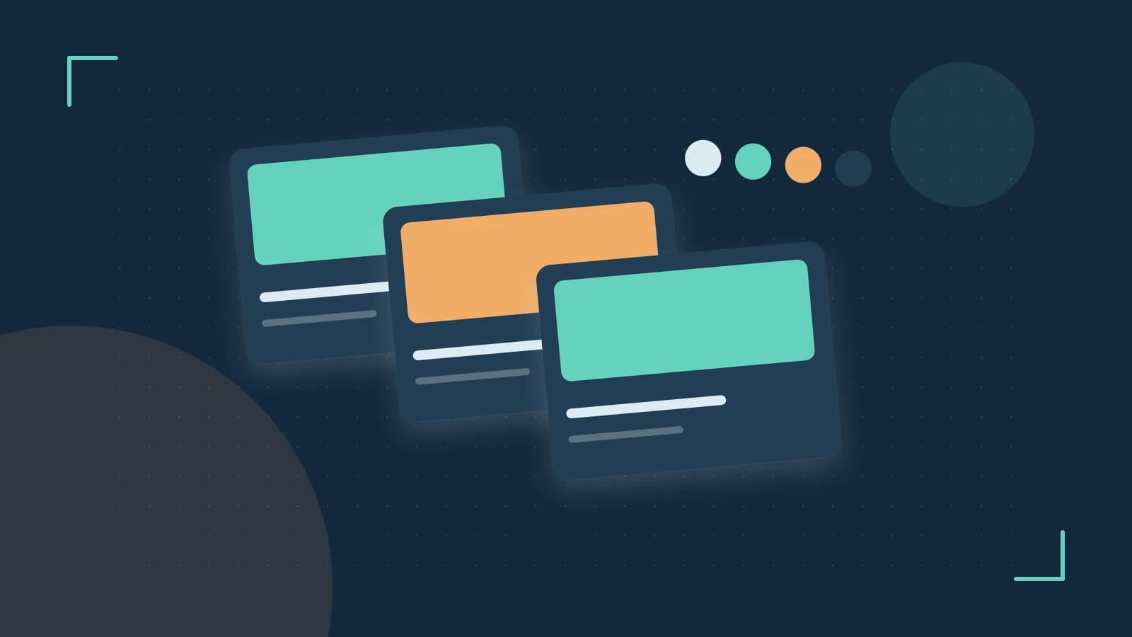 Editorial illustration of responsive browser layouts, overlapping design components and a color system