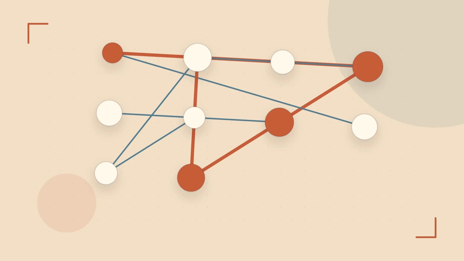 Editorial illustration of an algorithmic node graph with branching paths and a highlighted result