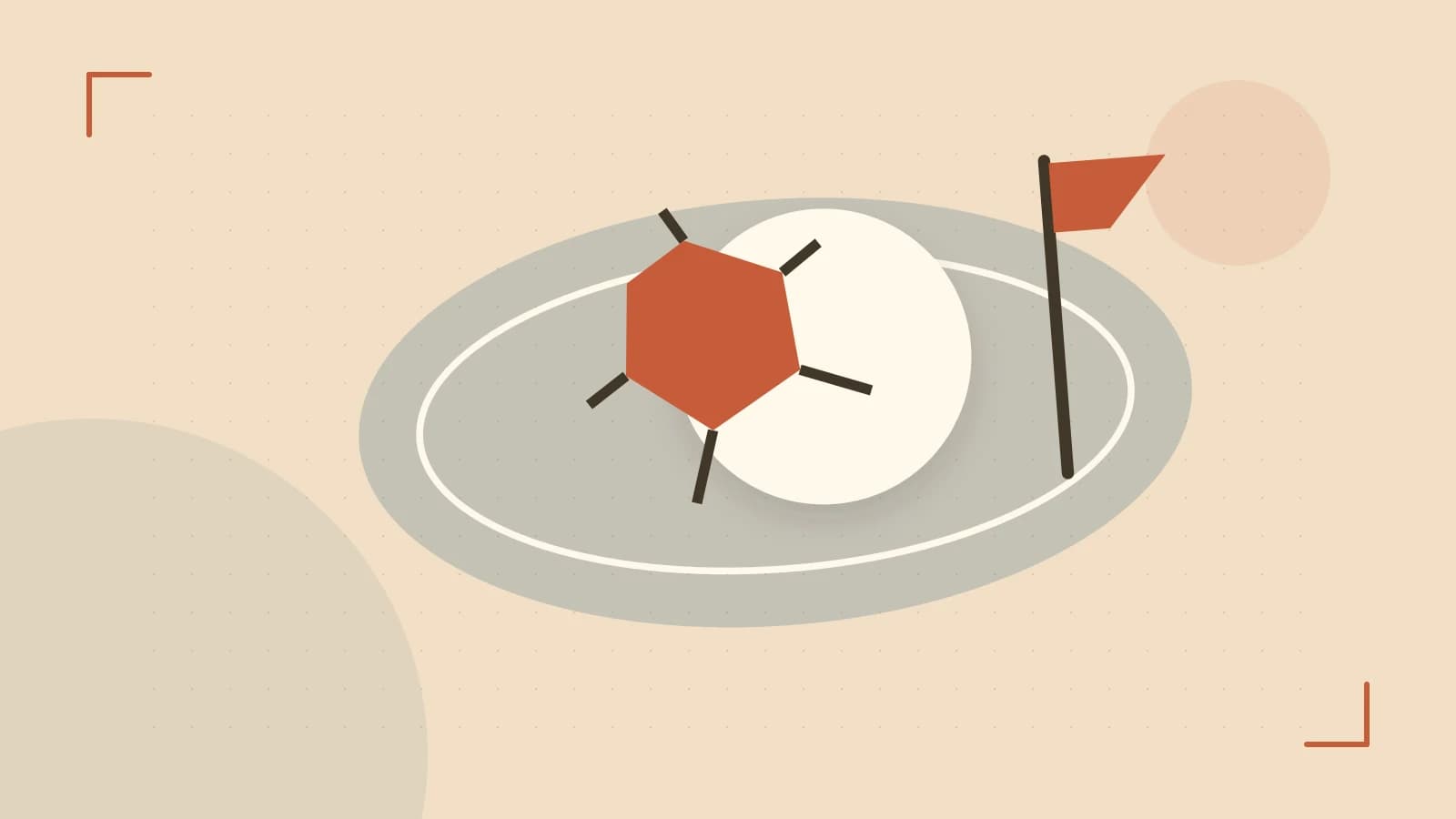 Editorial illustration of a stylized sports ball, stadium geometry and dynamic arcs