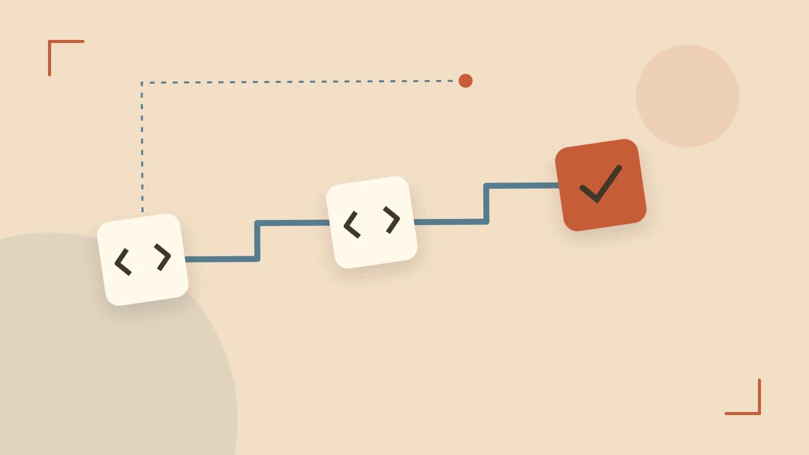 Editorial illustration of a branching build pipeline, staged transformations and a completed check