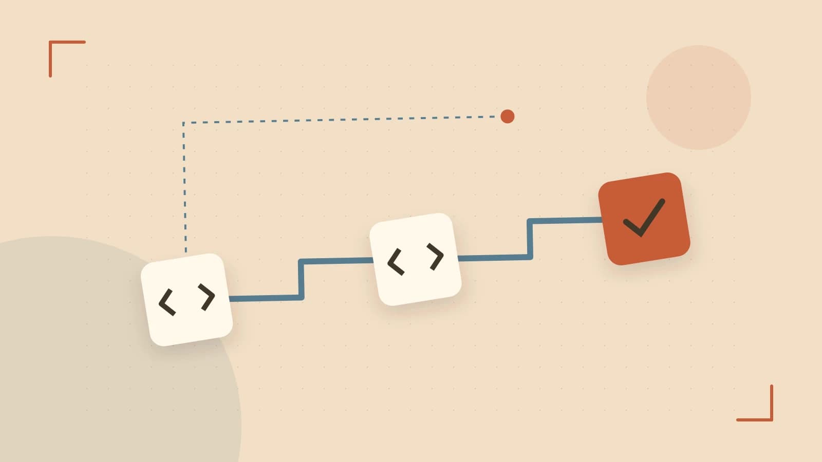 Editorial illustration of a branching build pipeline, staged transformations and a completed check