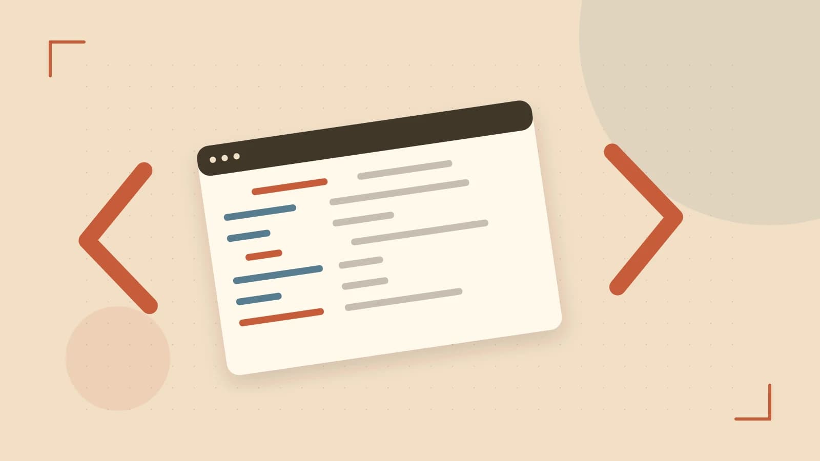 Editorial illustration of an abstract code editor, syntax blocks and oversized programming brackets