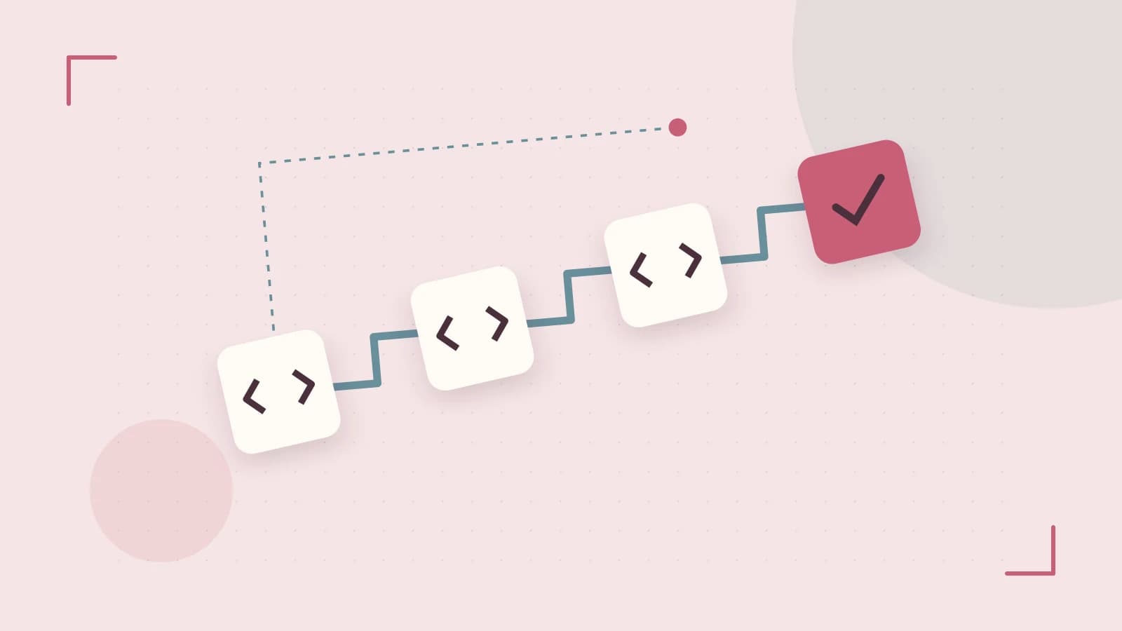 Editorial illustration of a branching build pipeline, staged transformations and a completed check