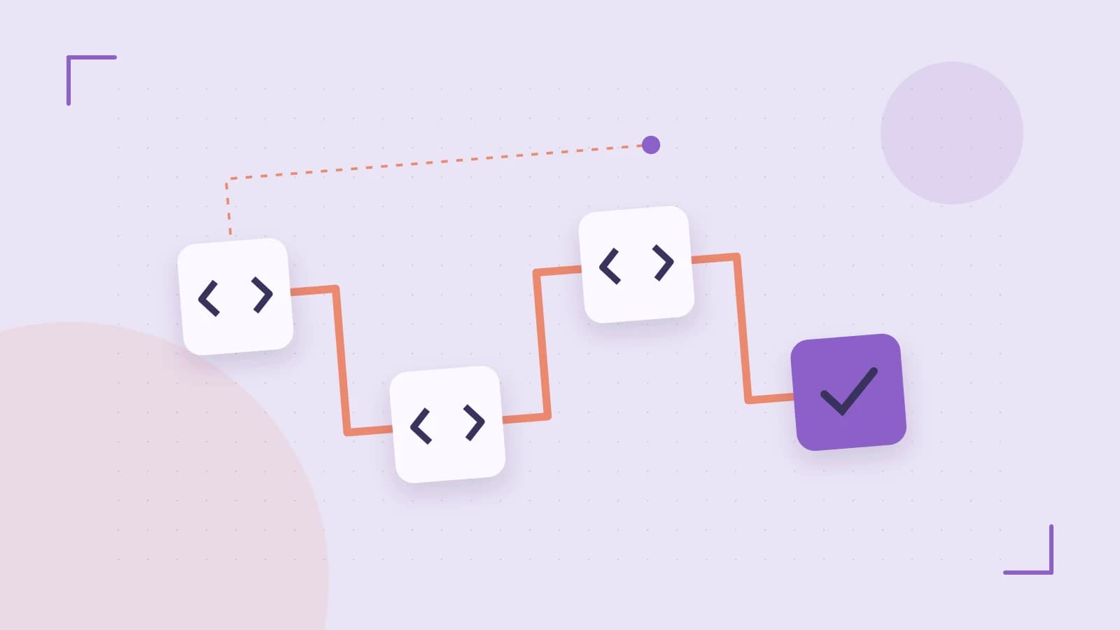 Editorial illustration of a branching build pipeline, staged transformations and a completed check