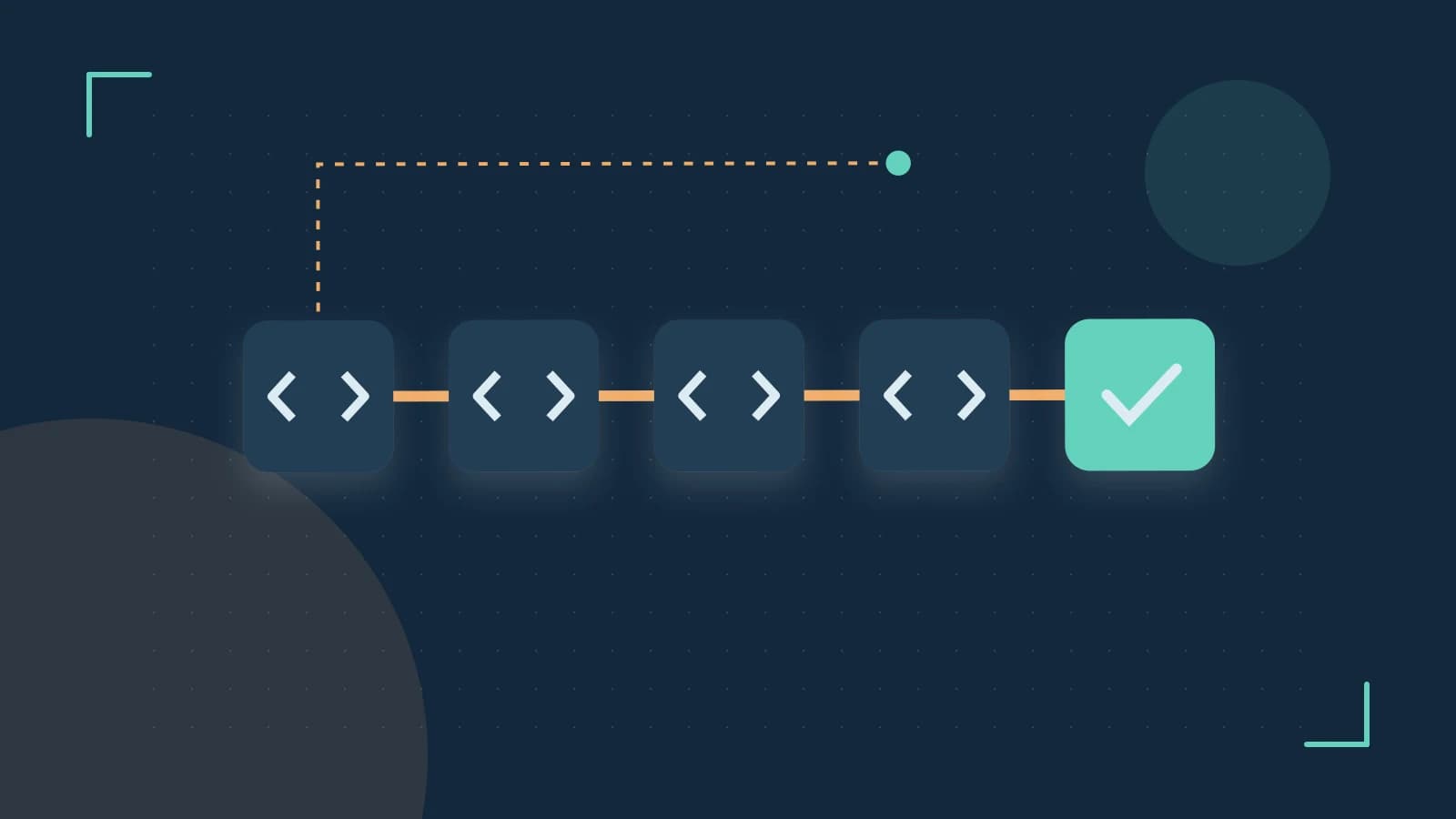 Editorial illustration of a branching build pipeline, staged transformations and a completed check