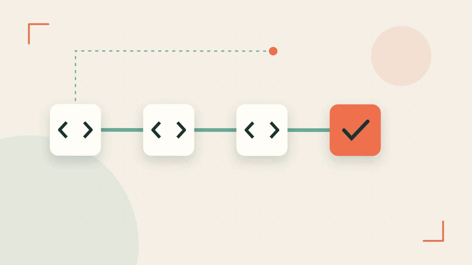 Editorial illustration of a branching build pipeline, staged transformations and a completed check