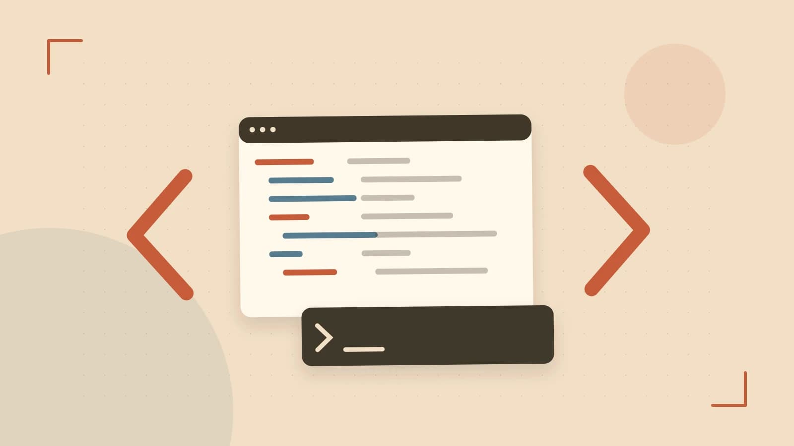 Editorial illustration of an abstract code editor, syntax blocks and oversized programming brackets