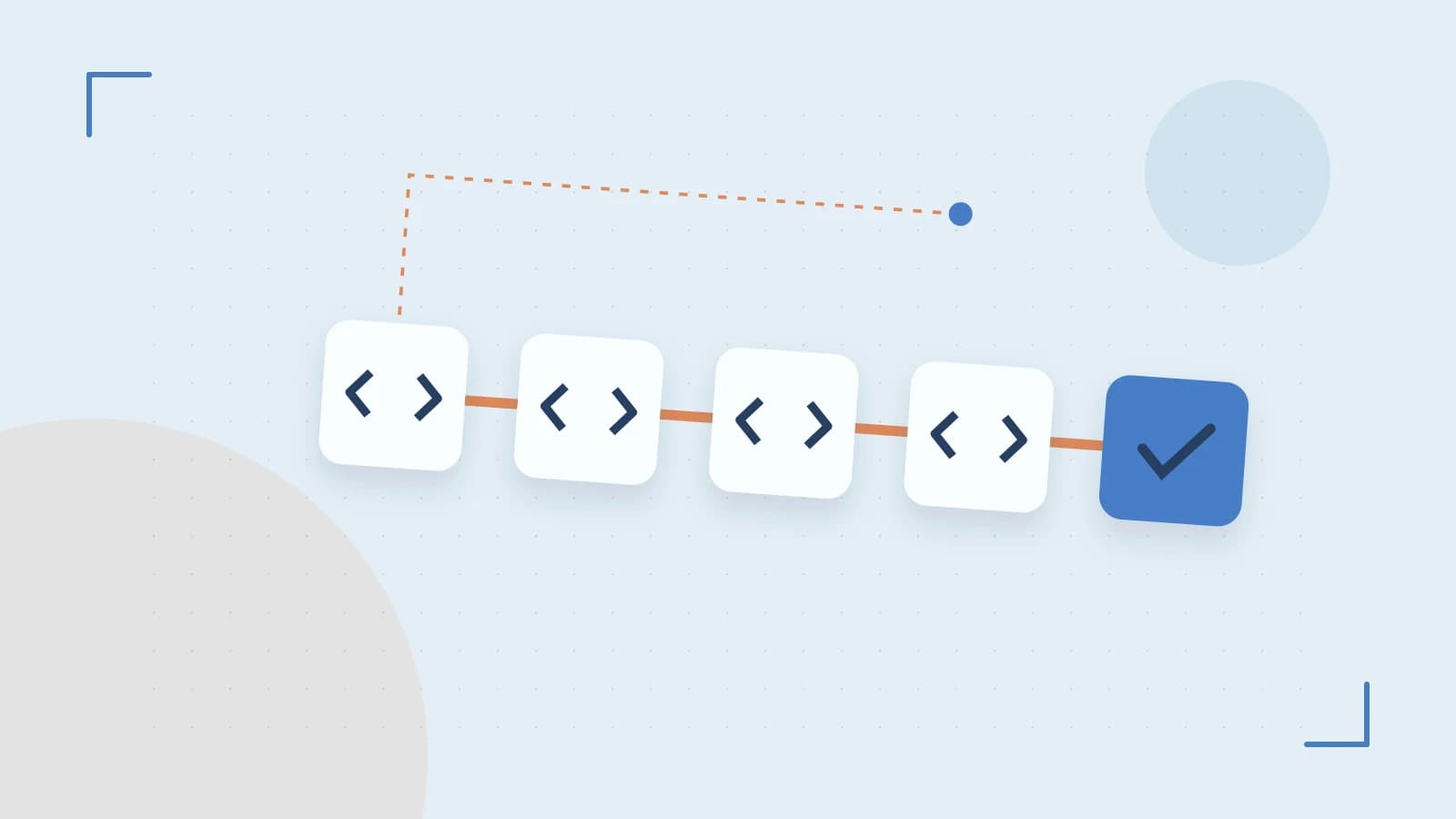 Editorial illustration of a branching build pipeline, staged transformations and a completed check