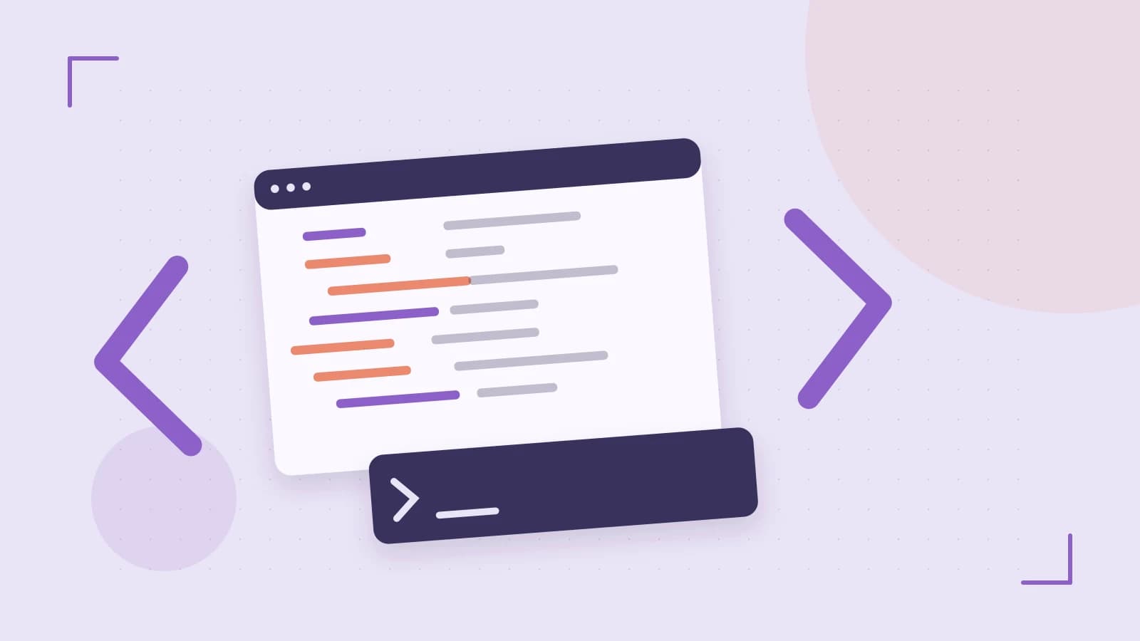 Editorial illustration of an abstract code editor, syntax blocks and oversized programming brackets