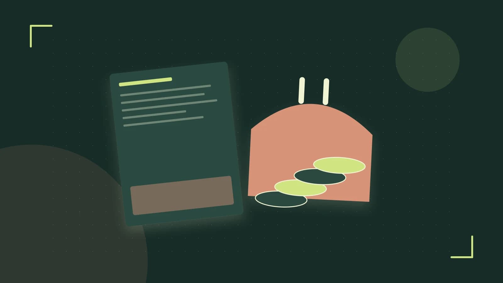 Editorial illustration of abstract coins, a payment card and a geometric financial chart without data labels
