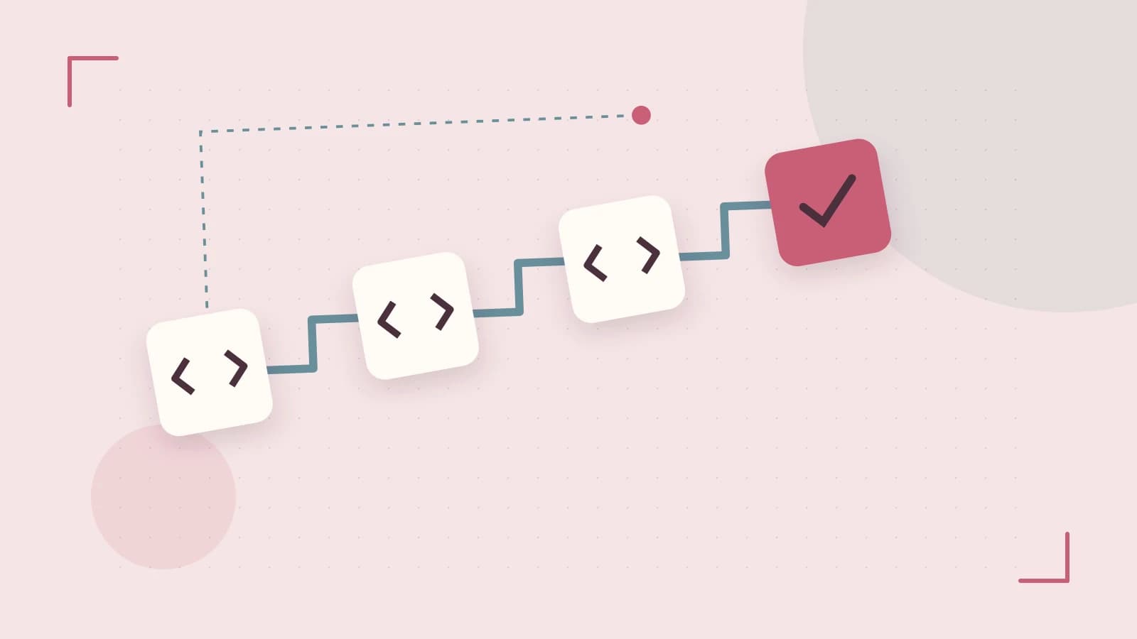 Editorial illustration of a branching build pipeline, staged transformations and a completed check