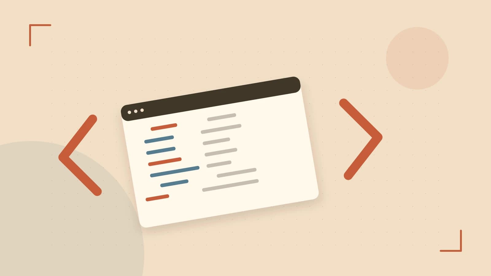 Editorial illustration of an abstract code editor, syntax blocks and oversized programming brackets